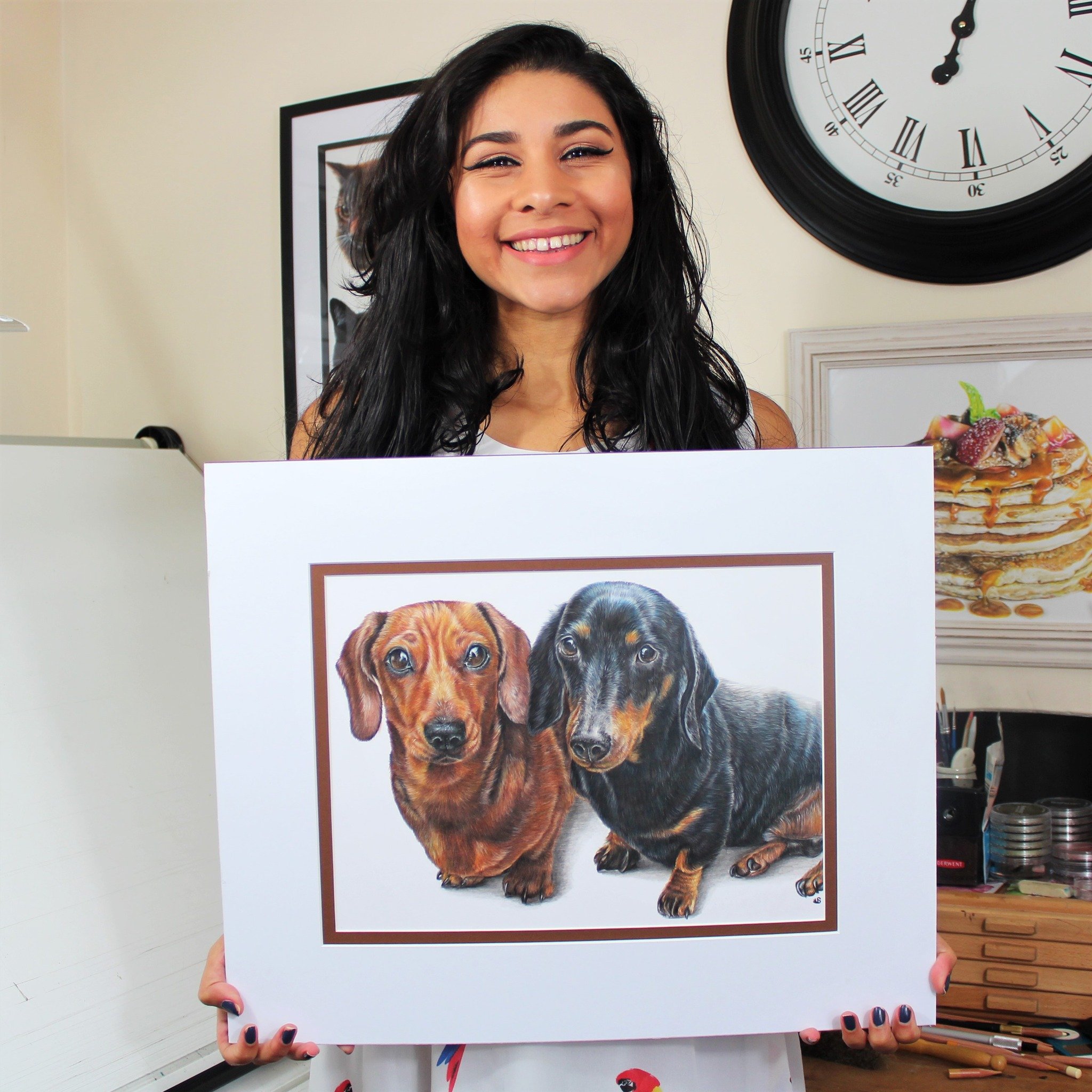 Do you remember when I drew these two cuties together from separate photos? Aww, Maisy &amp; Myley, it was so cute to see them looking at their portrait. Do you have a Dachshund? Post their picture below!
