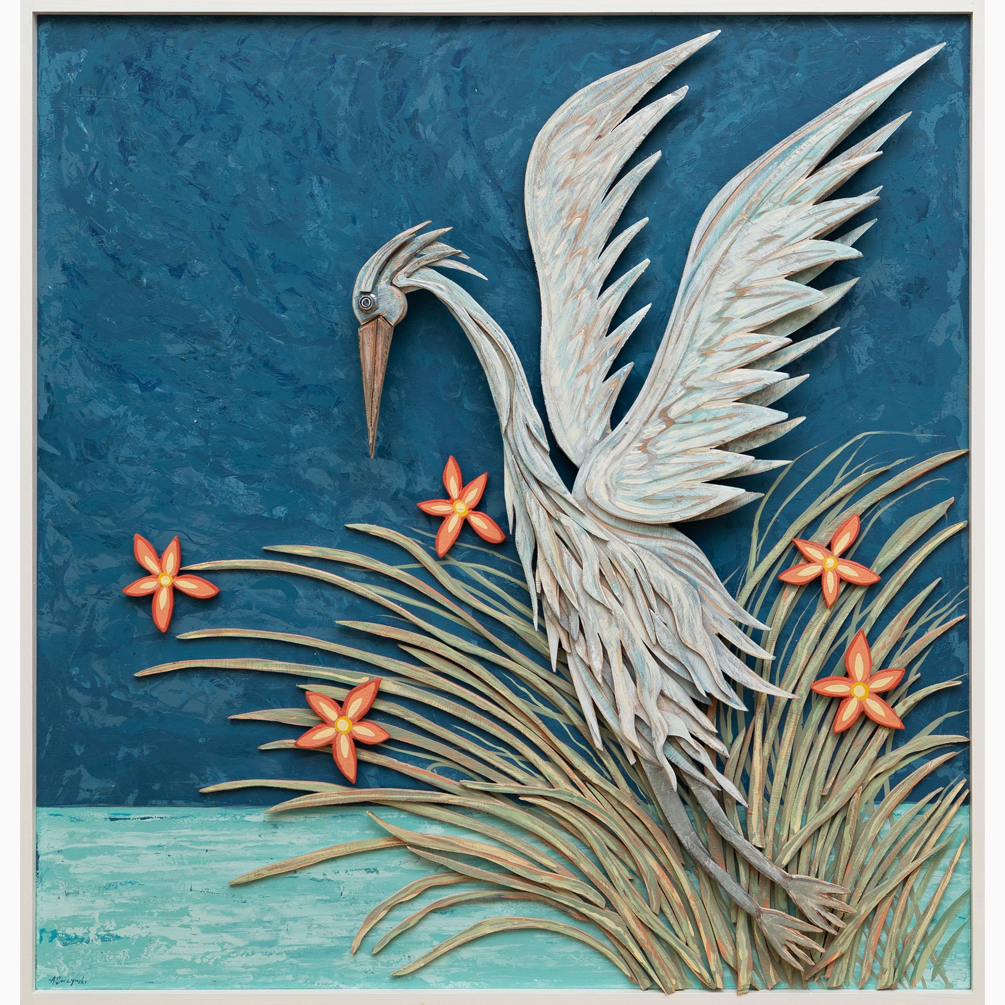 Heron with Five Blooms | 48x50 | 2023