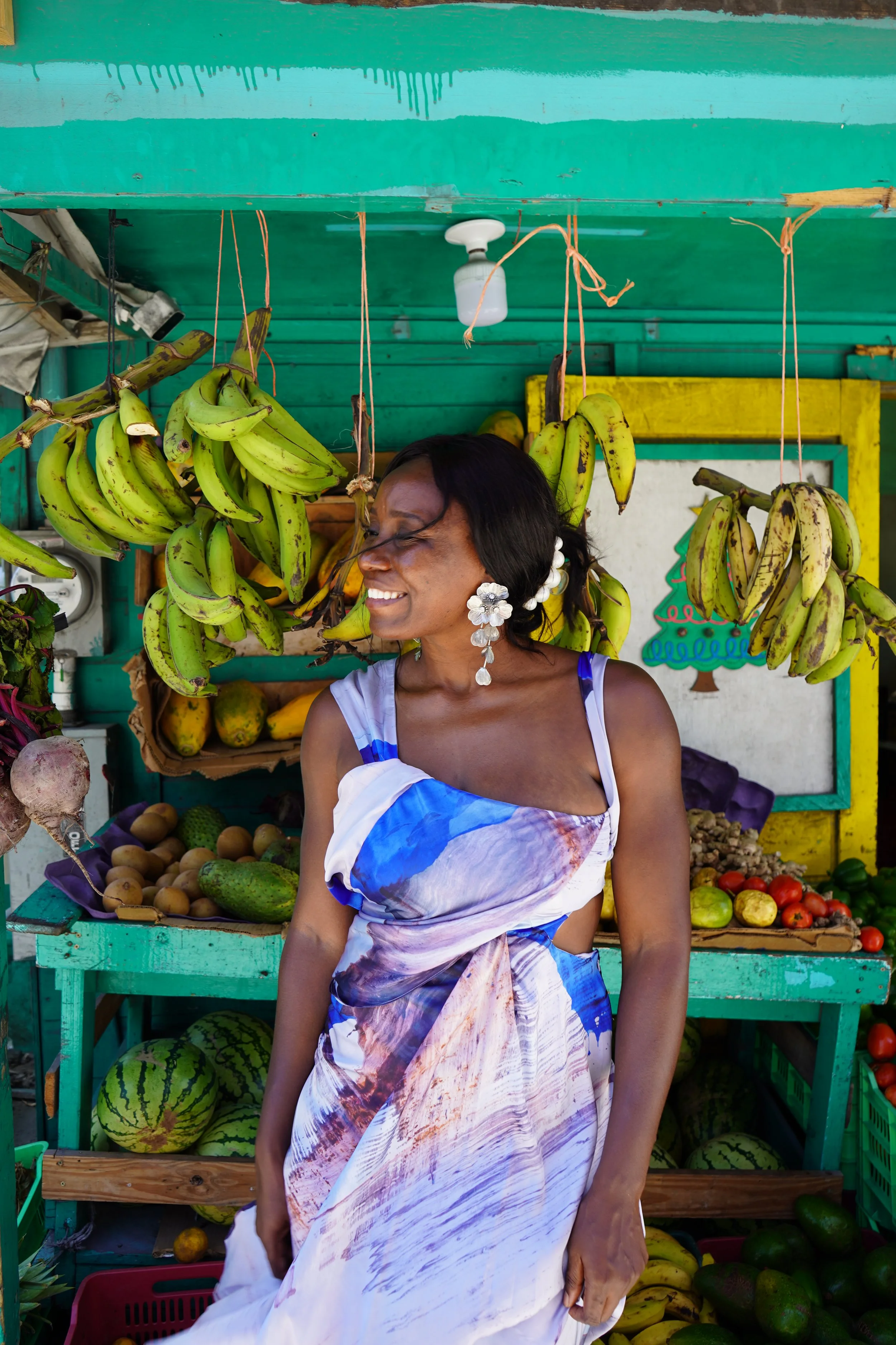 Christane infront of a Fruit Stand in San Pedro, Belize