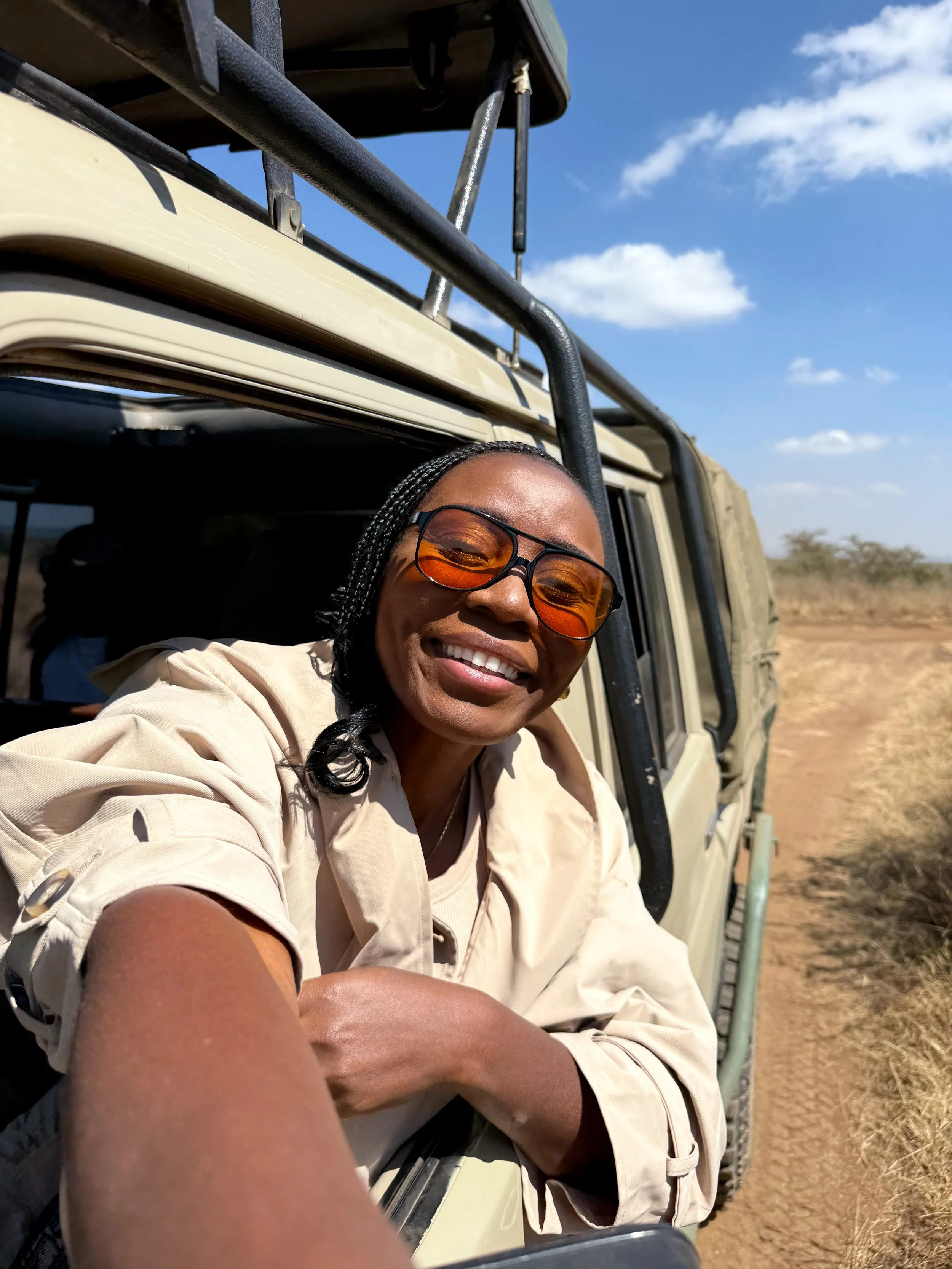 Kris in a 4x4 at Nairobi National Park in Kenya