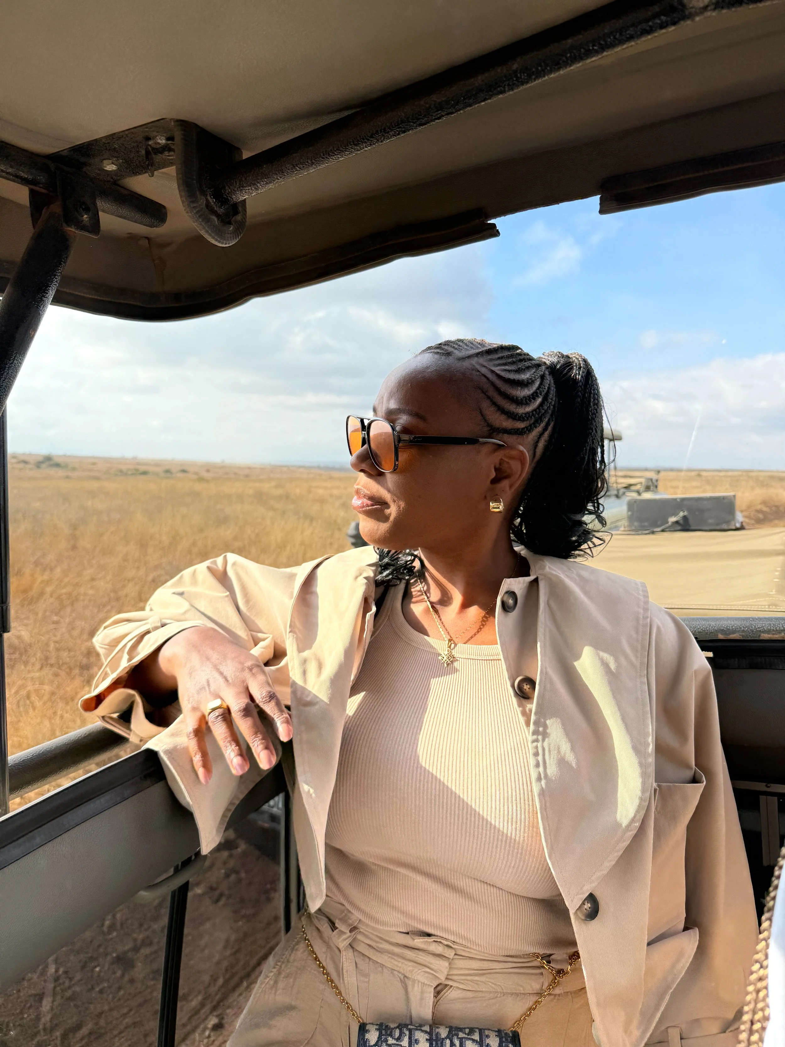 Kris in a 4x4 at the Nairobi National Park Safari in Kenya