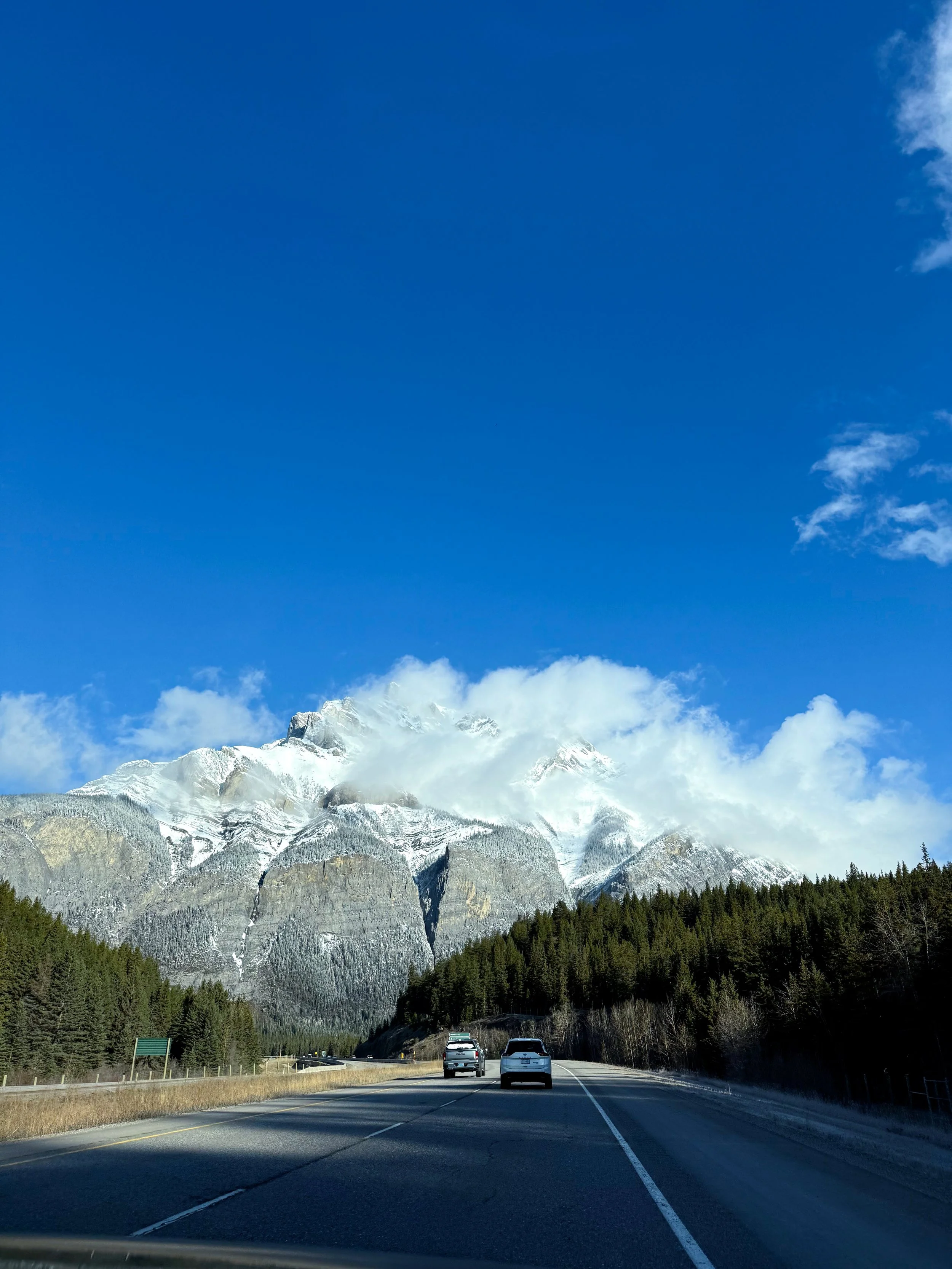 A photograph of the Rockies while driving through Banff National Park in Alberta Canada.