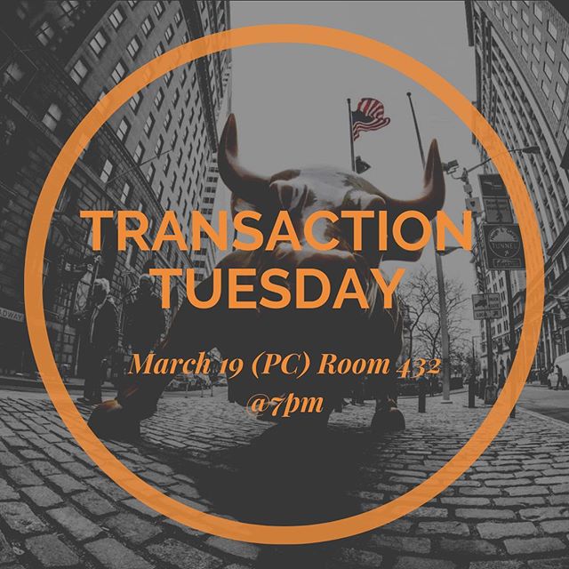 Good Afternoon guys ! 
Today will be hosting our usual Transaction-Tuesday meeting at Primera Casa (PC) Room 432 at 7:00 pm. Do not miss out on today&rsquo;s Investment Banking lecture with Rob Solo and Financial Modeling with Gabriel Zavarse-Fadul.
