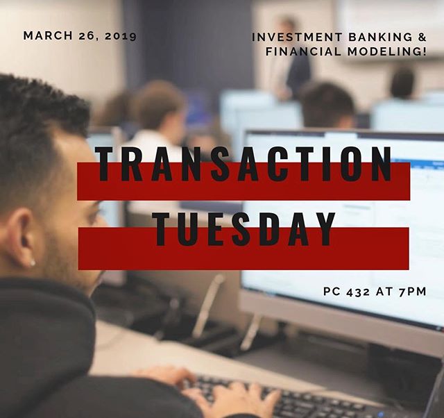 Today we will be hosting our usual Transaction-Tuesday meeting at Primera Casa (PC) Room 432 at 7:00 pm. Do not miss out on today&rsquo;s Investment Banking lecture with Rob Solo and Financial Modeling with Gabriel Zavarse-Fadul! See you there! 🏦🐾
