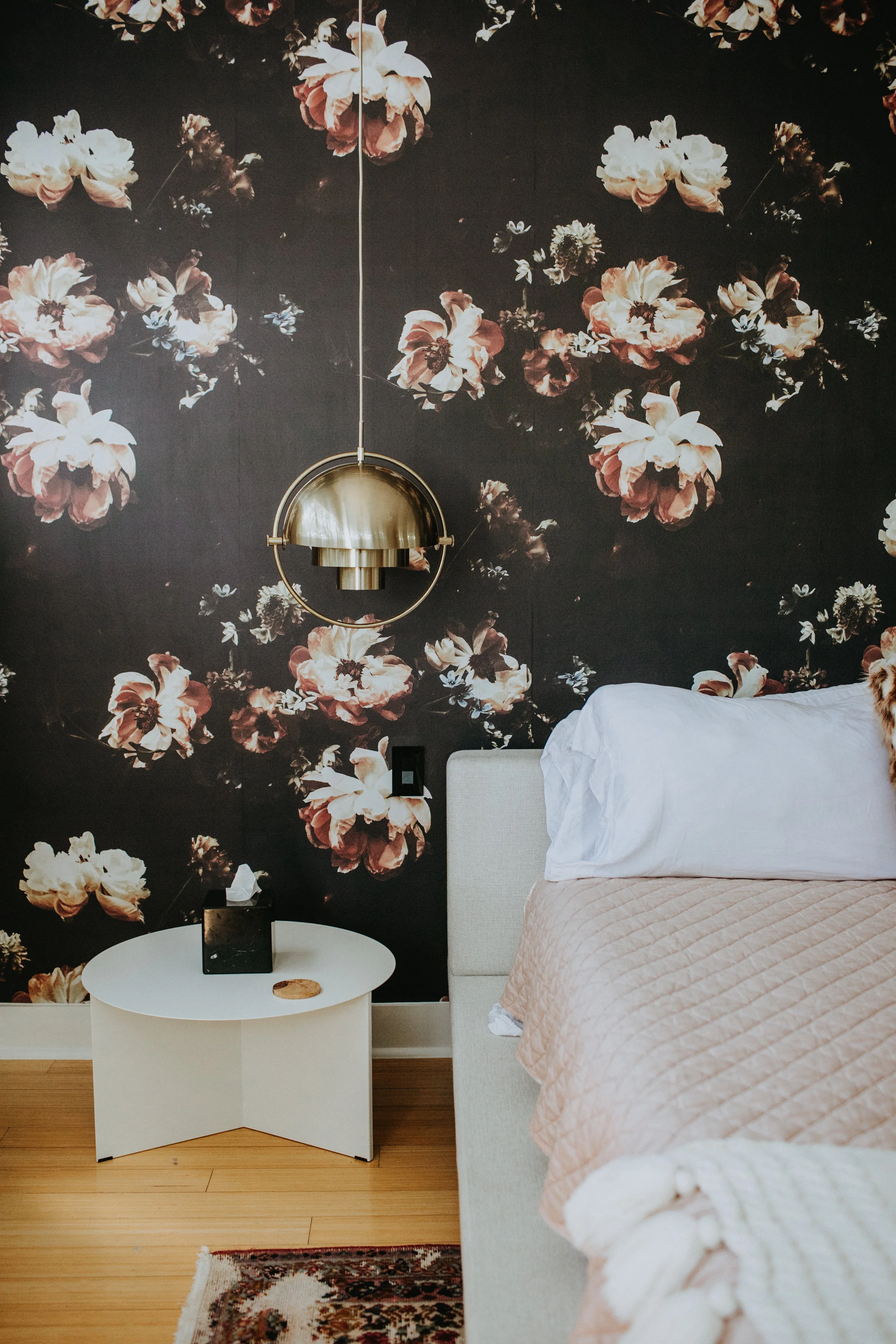 Flower Wallpaper with Brass Light Fixture