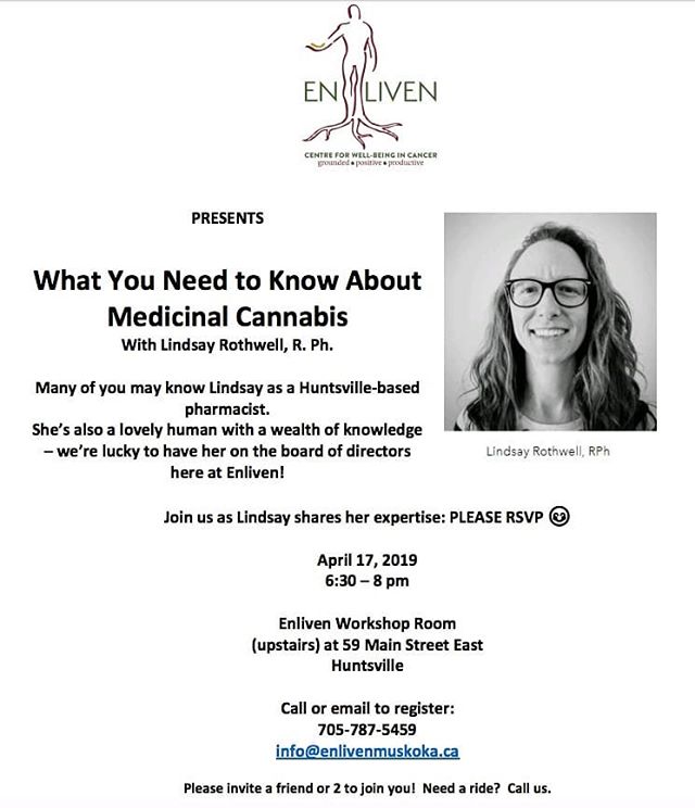 You're invited! ⠀
⠀
Come join Enliven and Lindsay Rothwell, R. Ph. in a presentation about &quot;What you need to know about Medical Cannabis&quot; on Wednesday, April 17th from 6:30pm-8:00pm. RSVP and get ready to learn more about this interesting t