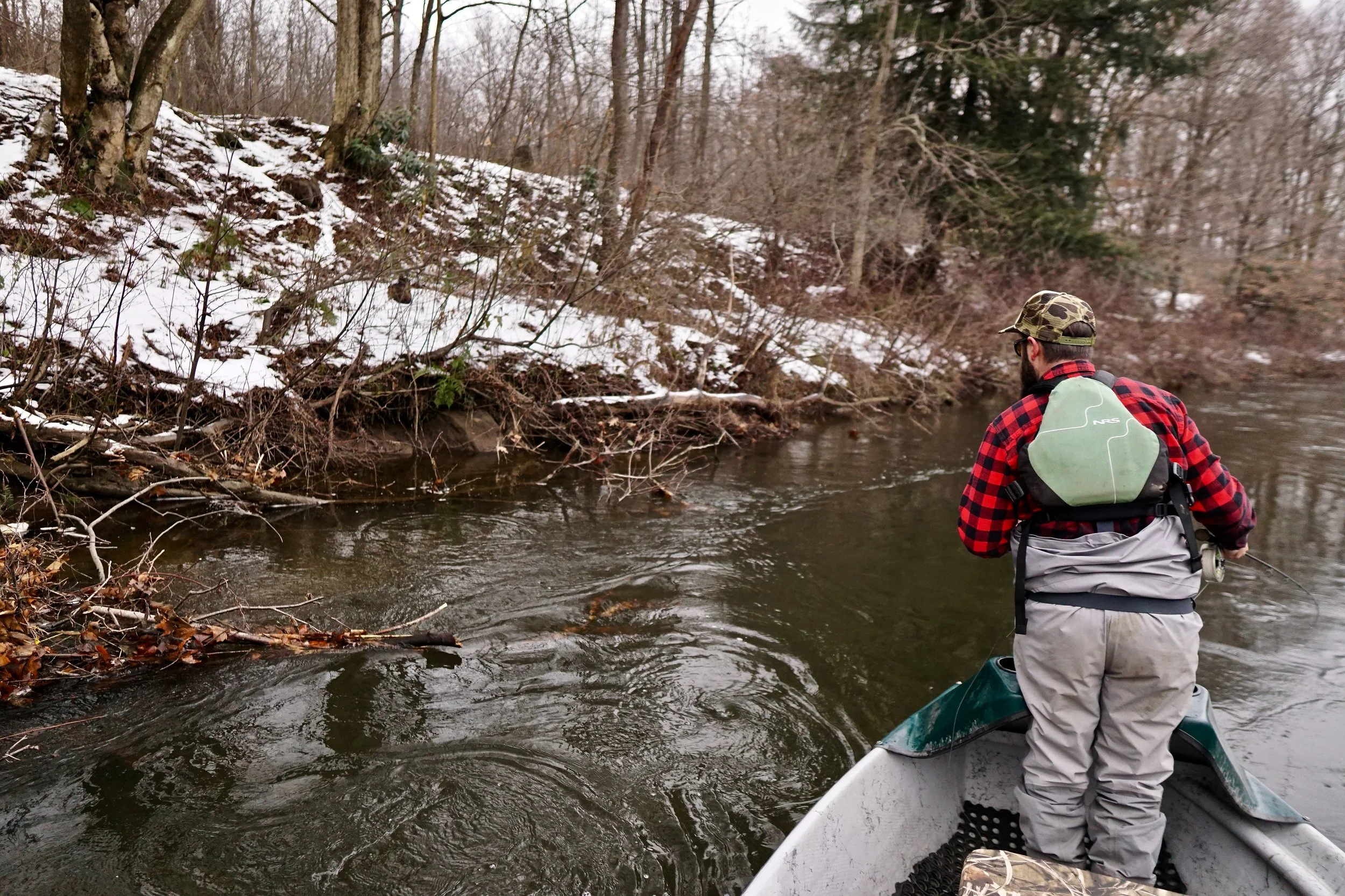Chase Howard with downstream presentation-parallel to the current. With cold snaps, it often pays to keep the streamer “in the zone” for an extended time period.