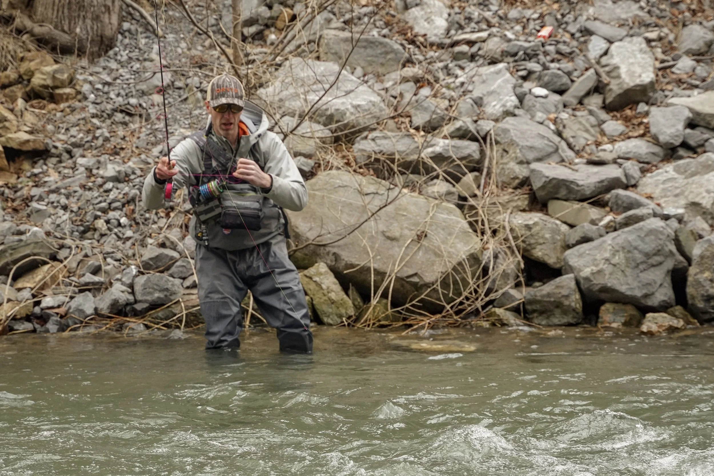 A locked elbow position creates control during the leading of the nymphs.