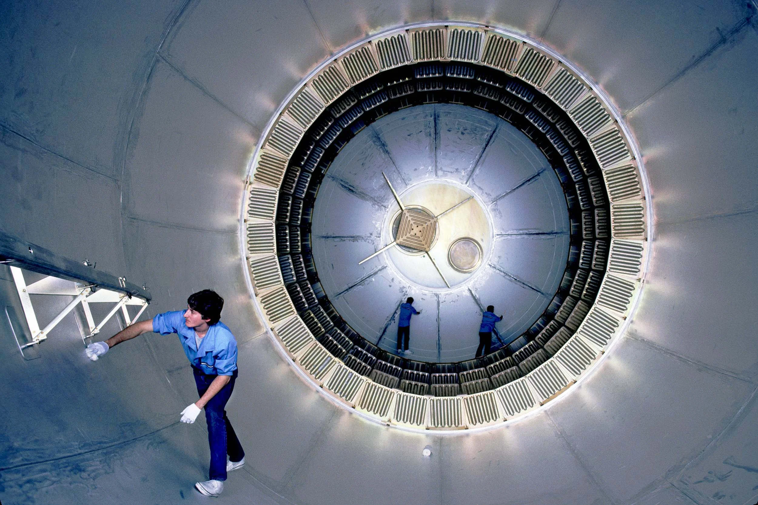 Inside the main fuel tank for the space shuttle at Martin Marietta. 1987