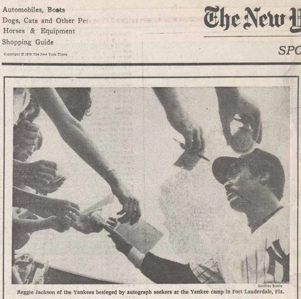 RJ signing autographs, published on the front page of The New York Times Sunday Sports section on April 2nd. 1978