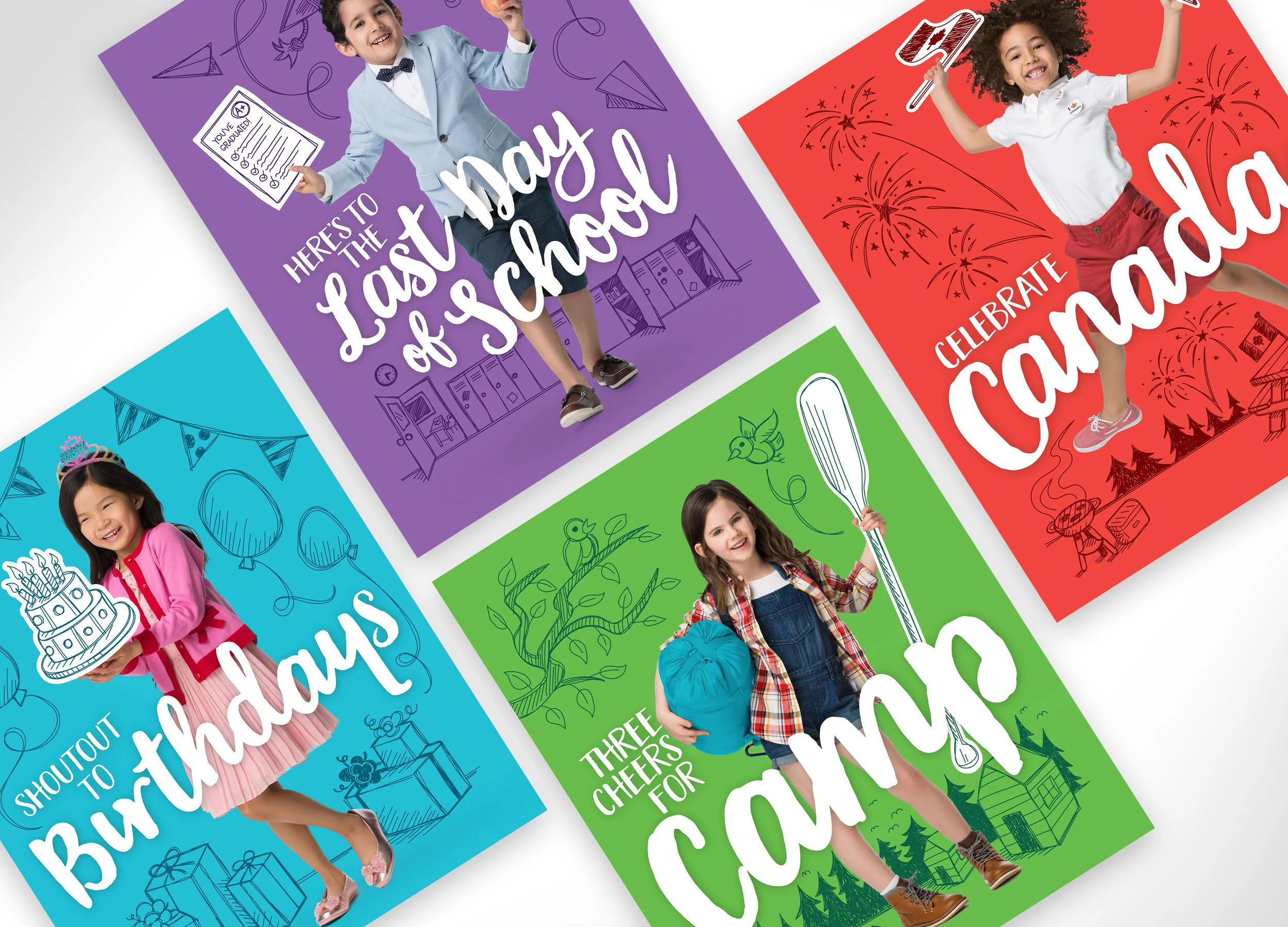  Designed to enhance sales during peak gift-giving seasons, this campaign centers around four key occasions. The lifestyle photography strategically captures the essence of how children feel during each moment, while the illustrations complement and 