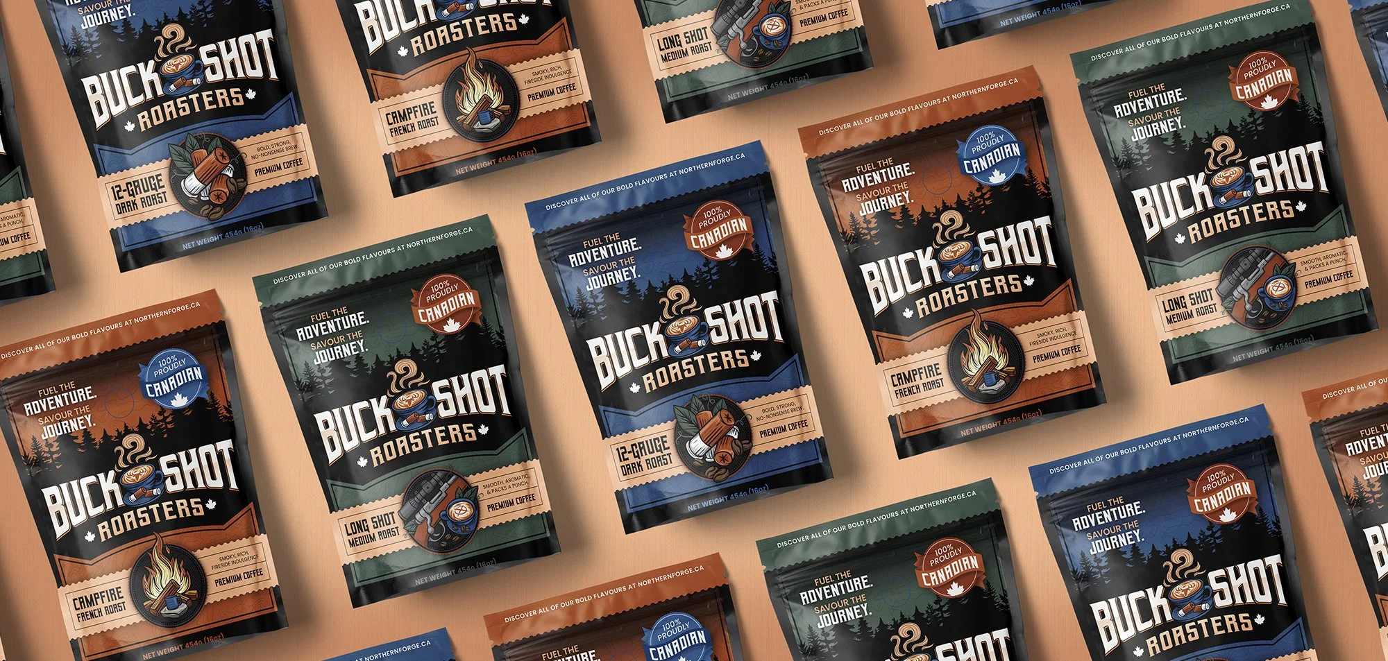 Buckshot Roasters is a proudly Canadian coffee brand crafted for the outdoor enthusiast—specifically hunters, anglers, and campers who appreciate a strong brew as much as a quiet morning in the wild. They approached me to develop bold, distinctive b