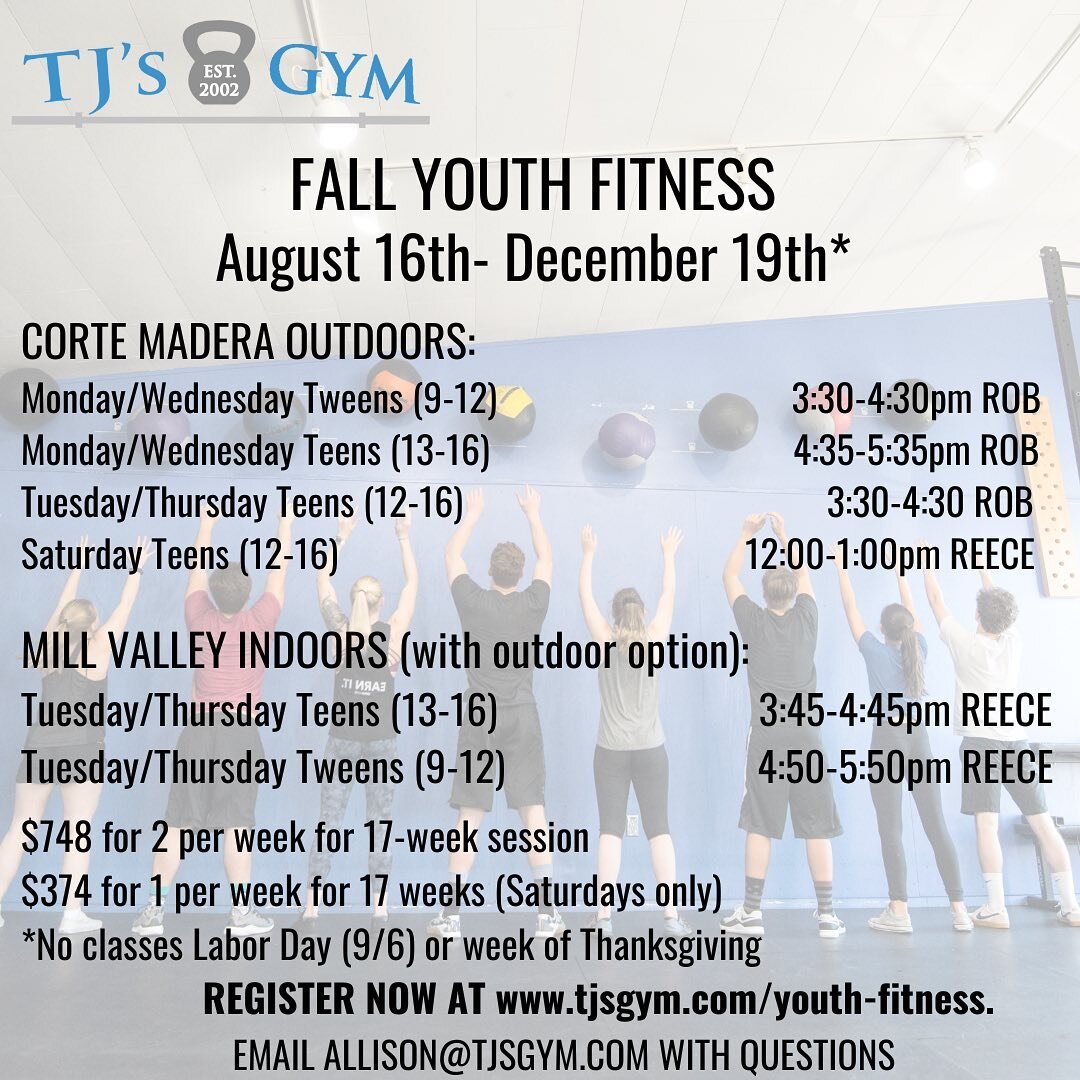 Hot ticket! #tjsgym fall youth fitness starts August 16th, and registration is OPEN! Head to 
www.tjsgym.com/youth-fitness
to register!

#youthfitness
#fitnessinmarin
#teenfitnessmarin