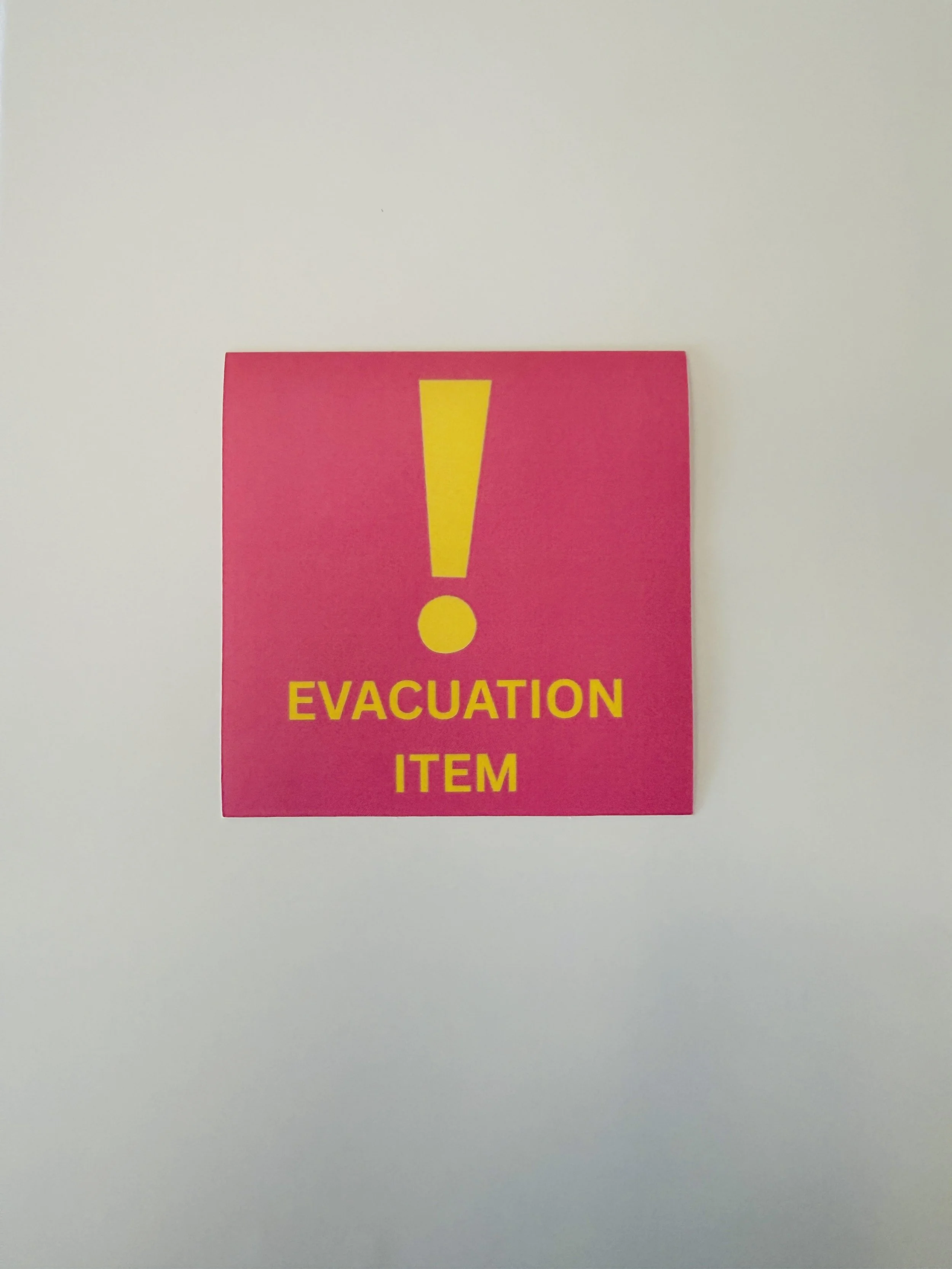 The Happy Space Company 's Pink sticker with a yellow exclamation mark and the words 'EVACUATION ITEM' in yellow.