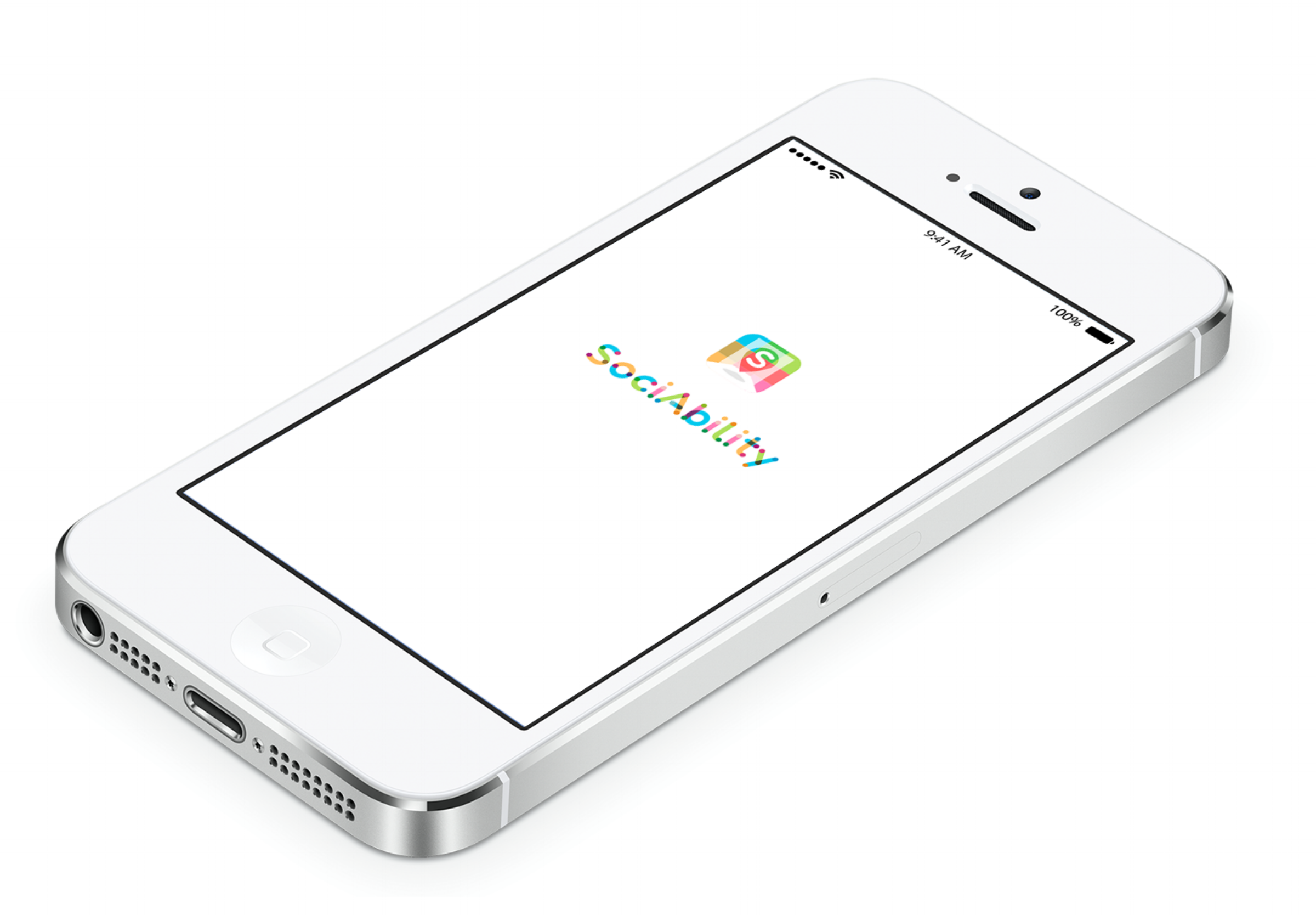 An image of an iPhone lying on its side showing the SociAbility logo