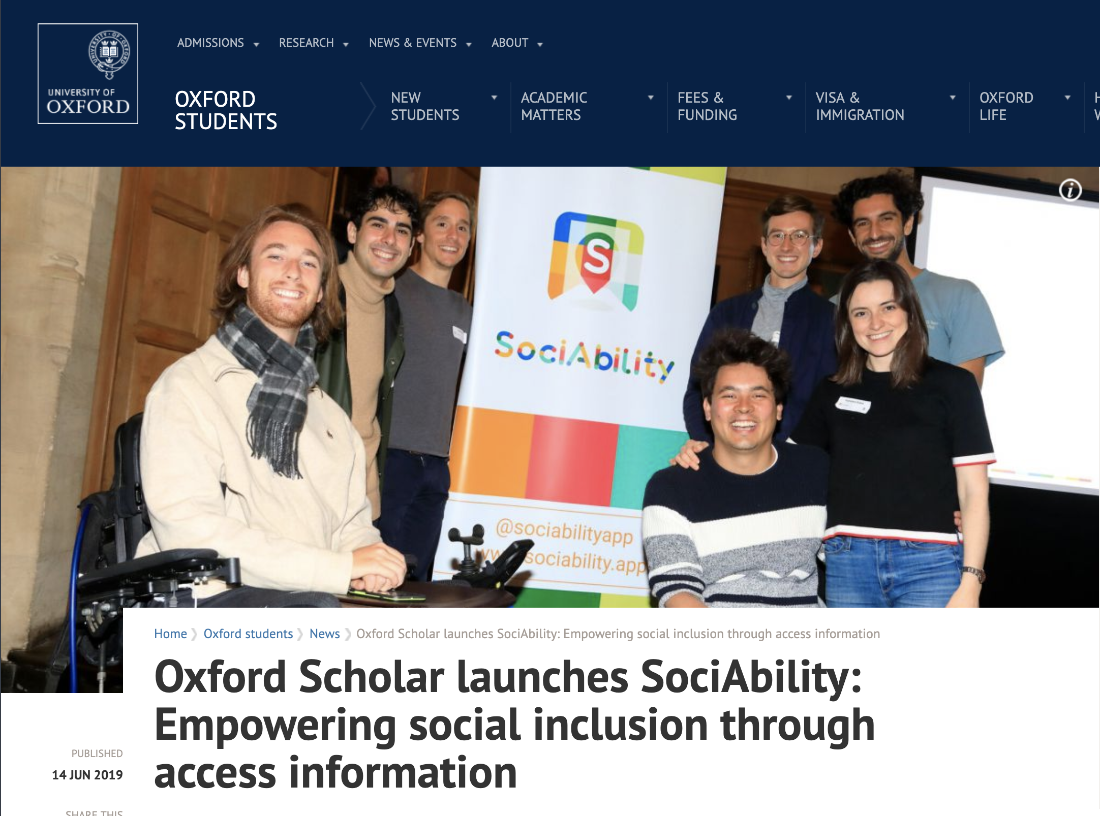 Screenshot of University of Oxford news story about SociAbility launch in June 2019.