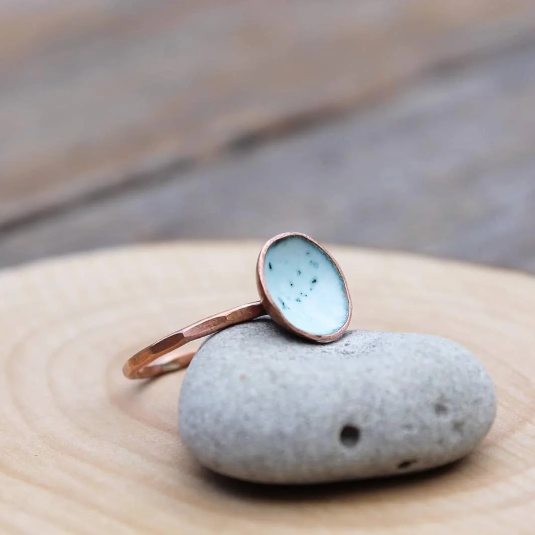 Pale blue enamel and copper ring. 

#valmontstudio #enamel #copper #ring #metalsmith #jewellerydesign #jewellery #maker #madeinleeds