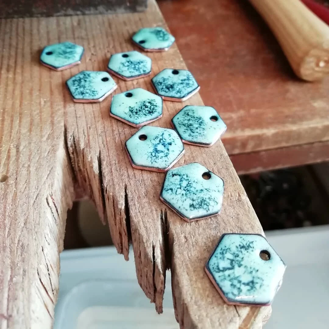 Earrings in the making! Hexagons in pale green.

#valmontstudio #enamel #earrings #metalsmith #maker #jewellerydesign #jewellery #madeinleeds
