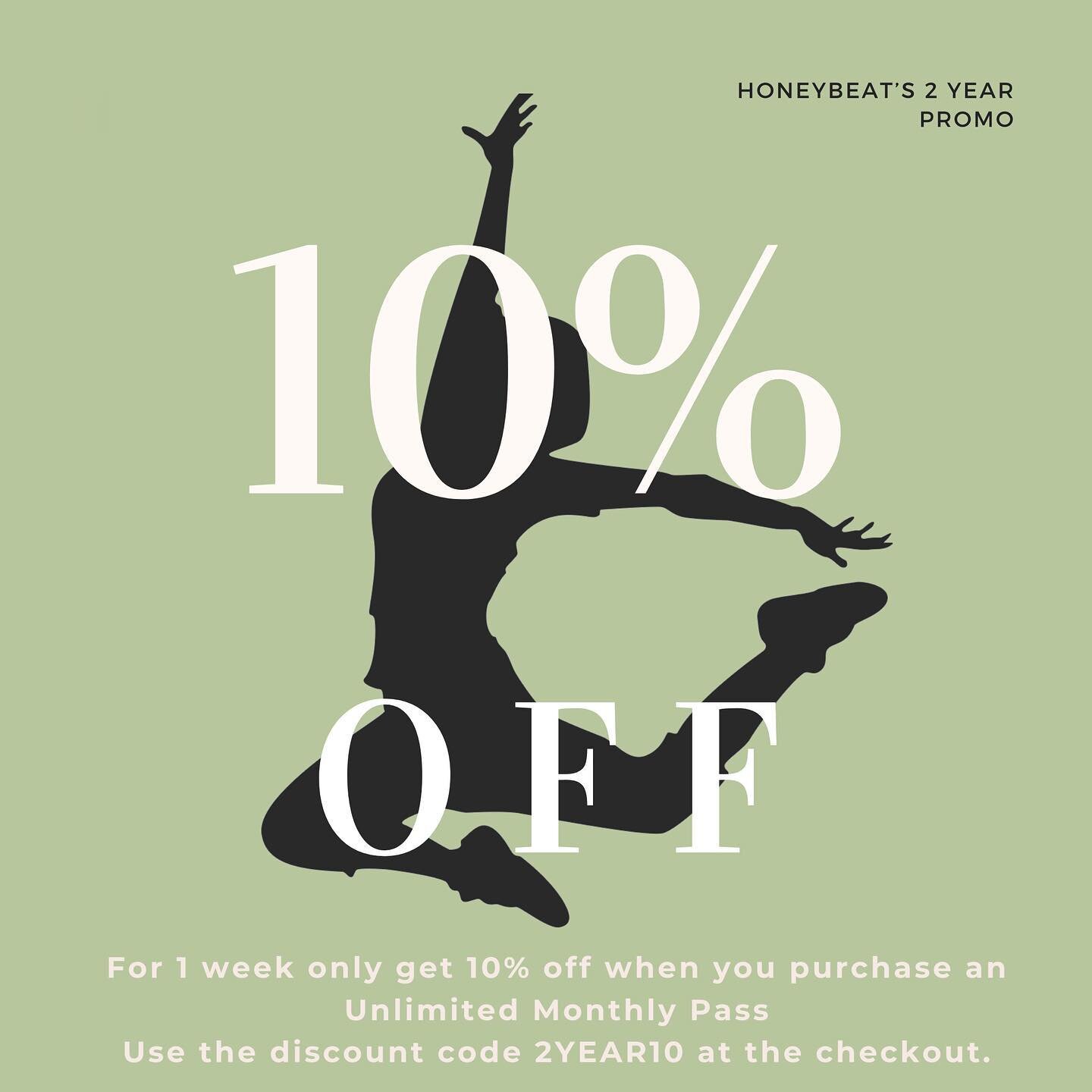 TODAY WE CELEBRATE 2 years of HoneyBEAT Dance and Fitness!! 🎉🎉🎉

So we are offering 10% off for 1 WEEK ONLY on Unlimited Monthly Passes. 
That&rsquo;s 32 classes for the price of &pound;18.00! 

Visit our website to buy your unlimited monthly pass