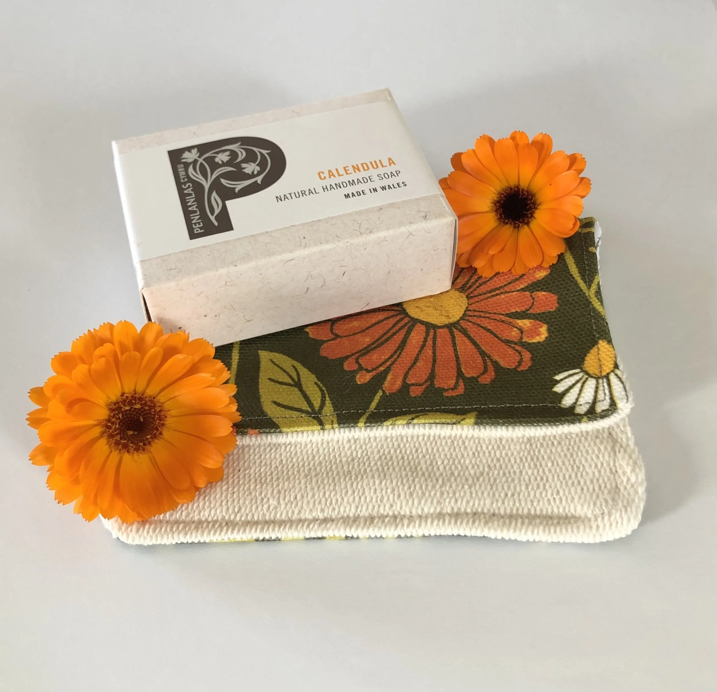 Soap Bar with 3 Handmade Reusable Face Cloths - Calendula & Chamomile Design