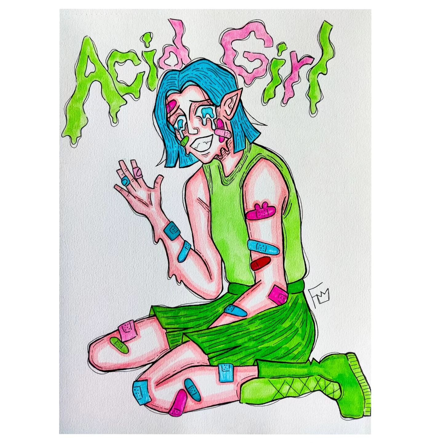 She has acid reflux, acidic skin that gives her acid burns and the acid makes her eyes melt!
She is..... ACID GIRL! 💥

A little sort of vent art sort of a spontaneous OC design. I recently discovered that I might have an acid reflux issue like GERD 