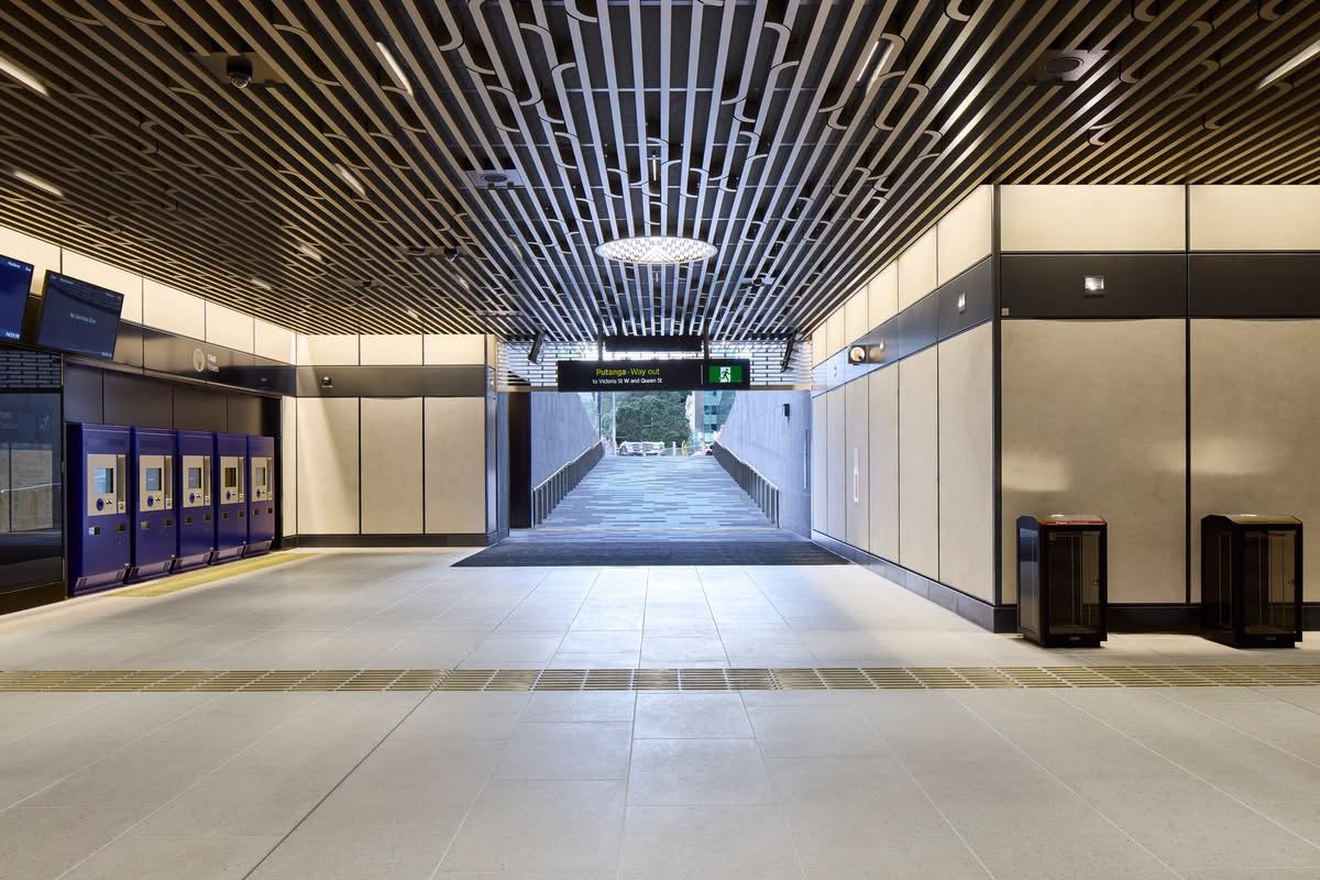 White terrazzo tiles and yellow tactiles at train stations Auckland