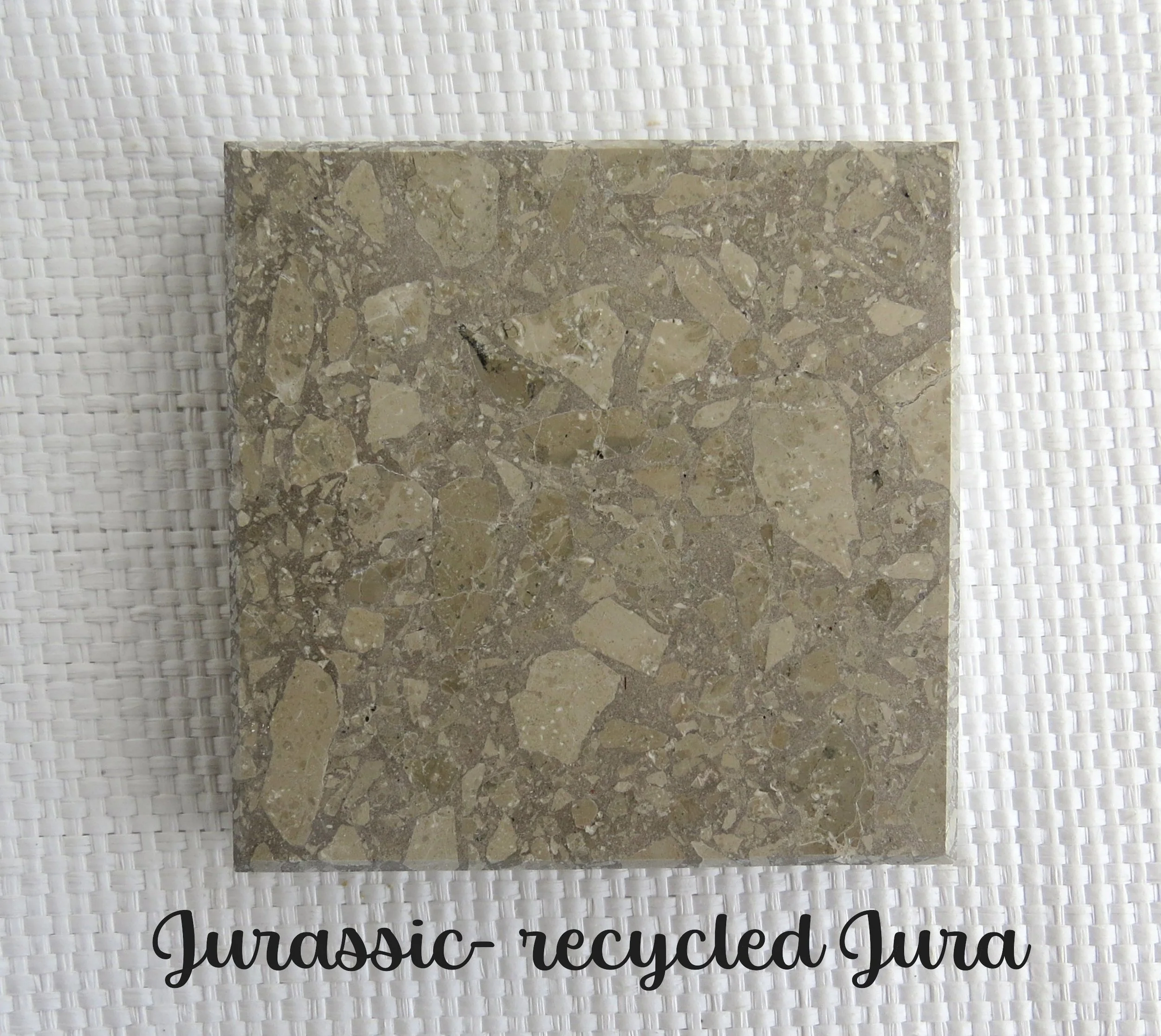 JURASSIC Tile- There is a sense of time travelling implied- when I contemplate with wonder, how this recycled stone comes from the age of the Dinosaurs. Recycled Jura in a beige hued background
