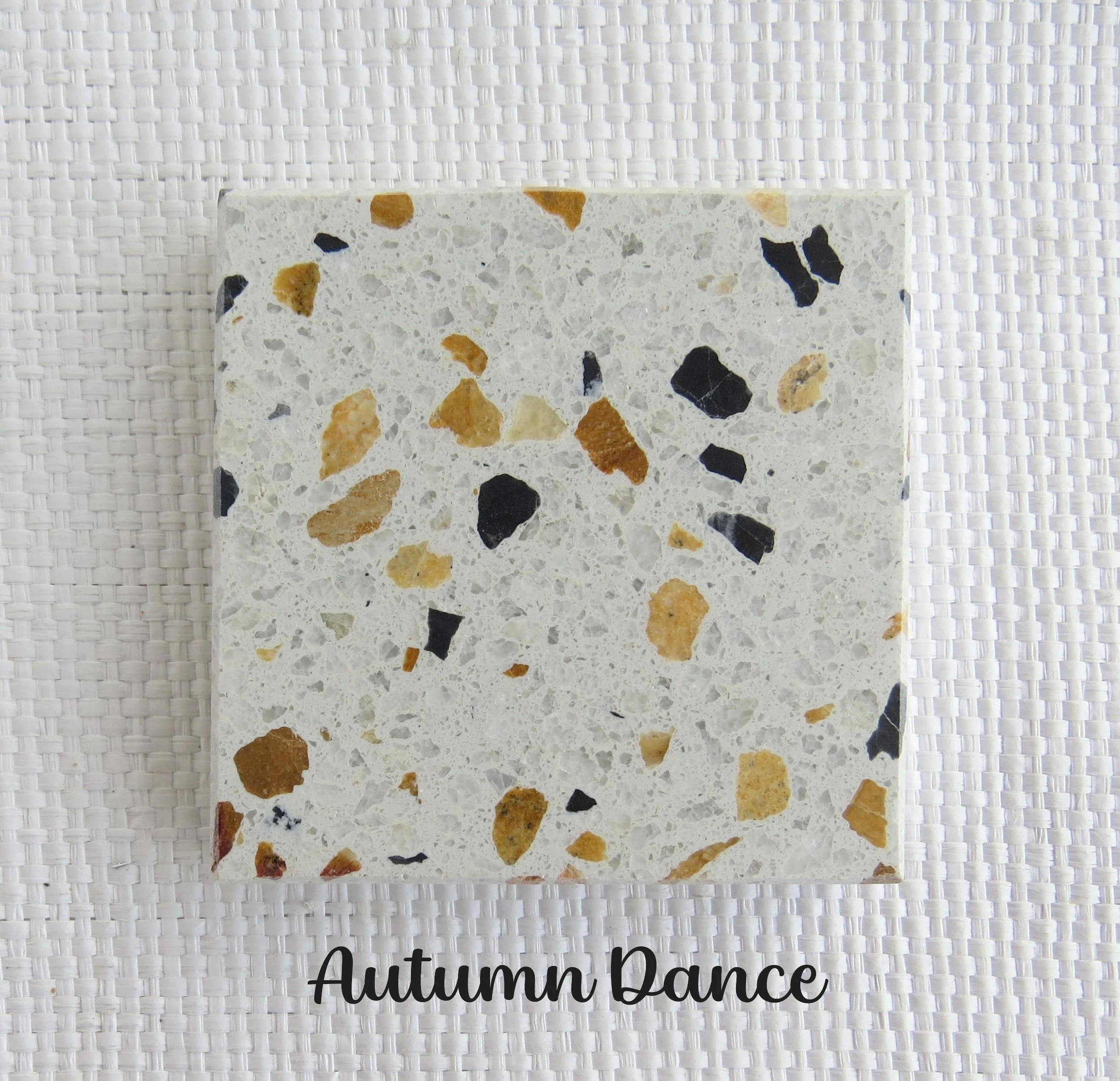 AUTUMN DANCE Tile- Relaxing yet playful. Colours dabce together. Reminding me of the cheeky Autumn winds that swirl the golden leaves upon the ground in a delicate dance. NZ Black and White Marble. Australian Gold Marble on a white base