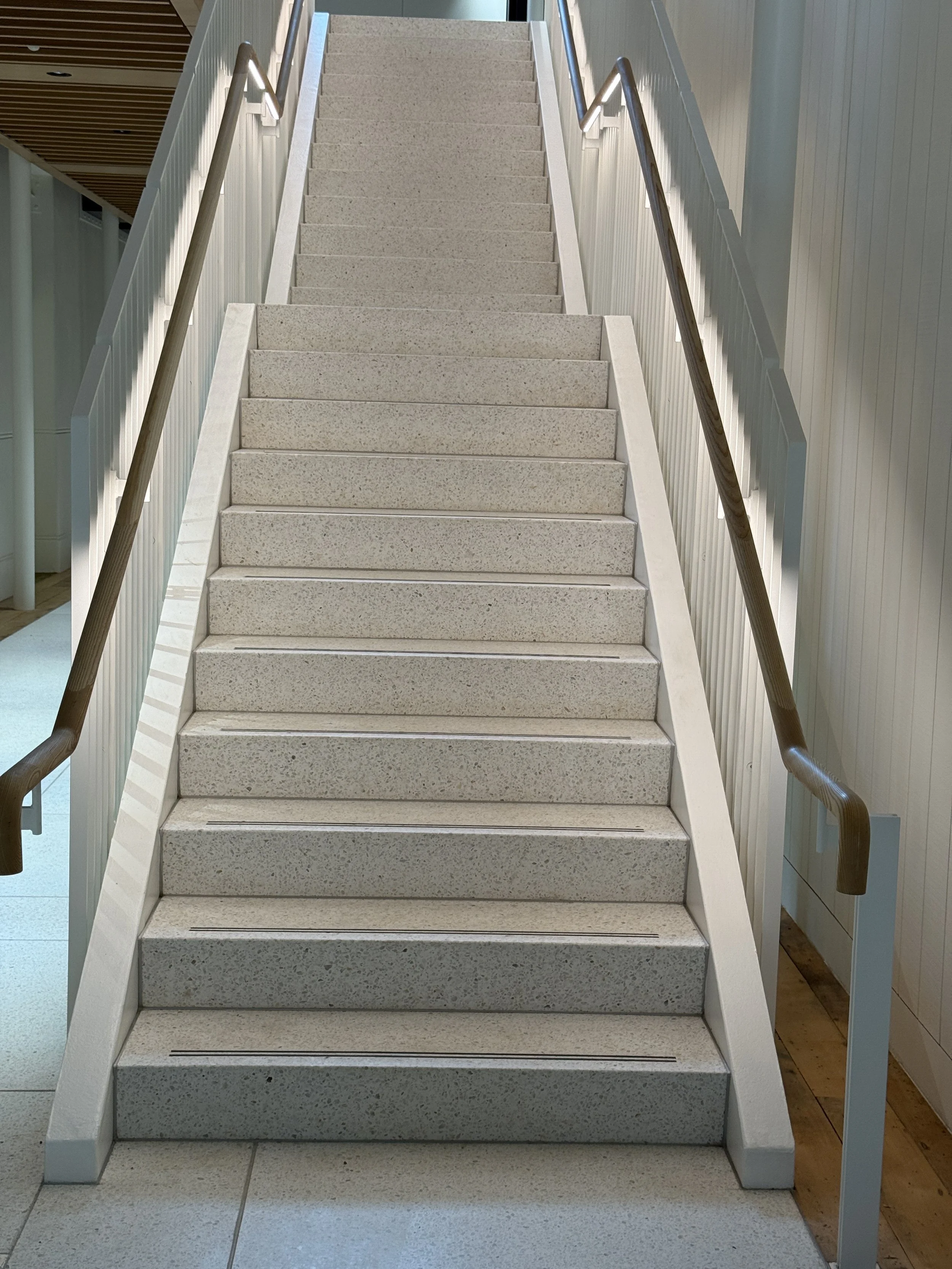 White terrazzo precast stair treads at the Choral Hall University of Auckland