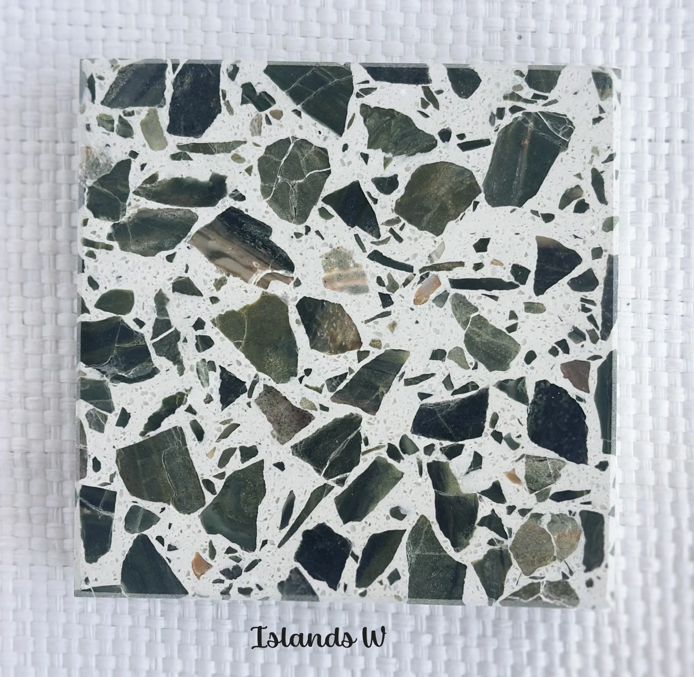 ISLANDS W- beautiful islands of green floating in a sea of white. Australian green marble in white base.