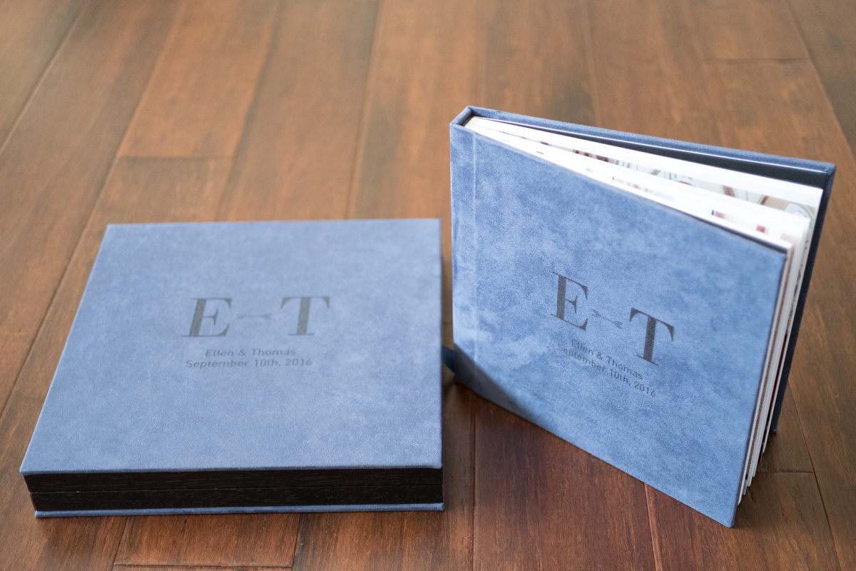  Custom Suede lay flat wedding album with matching engraved box. 