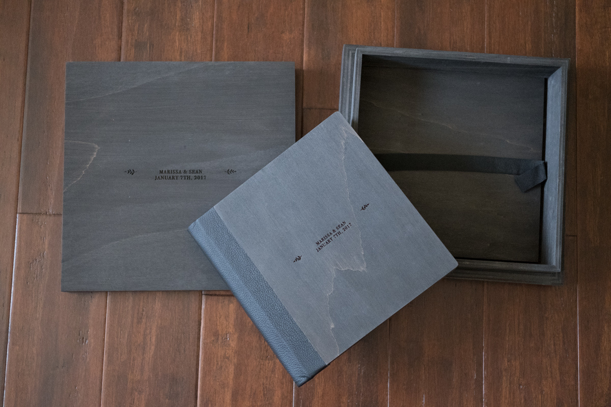  Laser engraved wood cover lay flat wedding album with matching keepsake box 