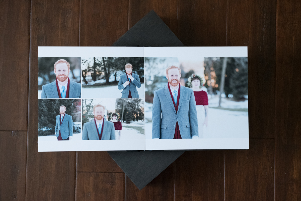  Inside view of lay flat wedding album custom designed by B. Adams Photography 