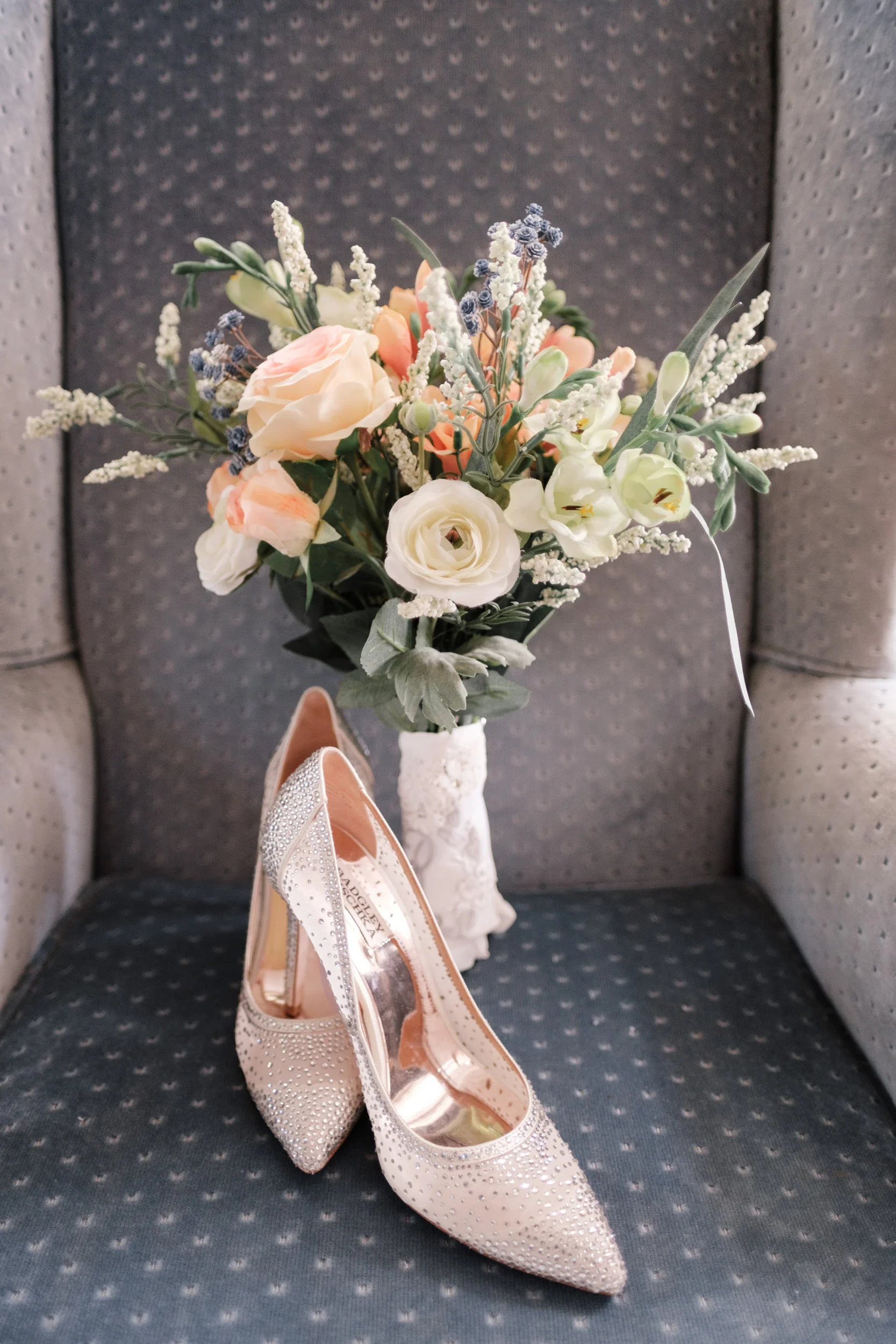 wedding day flowers and heals with special note written on bottom