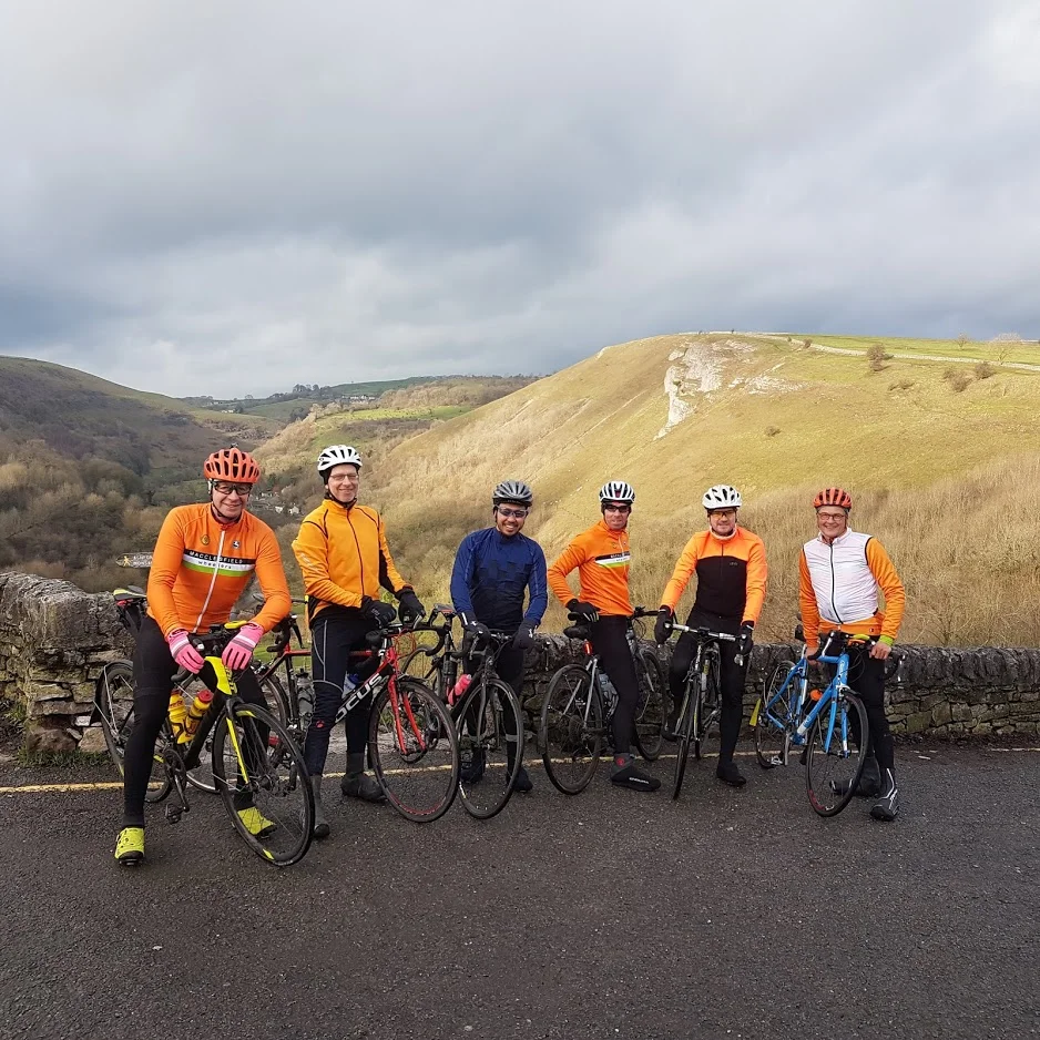 At the summit on Monsal Head: Mark, Jochen, Bennet, Christian, Simon and some old buffer. Can’t see what all the fuss is about, seemed quite easy to us going down it.