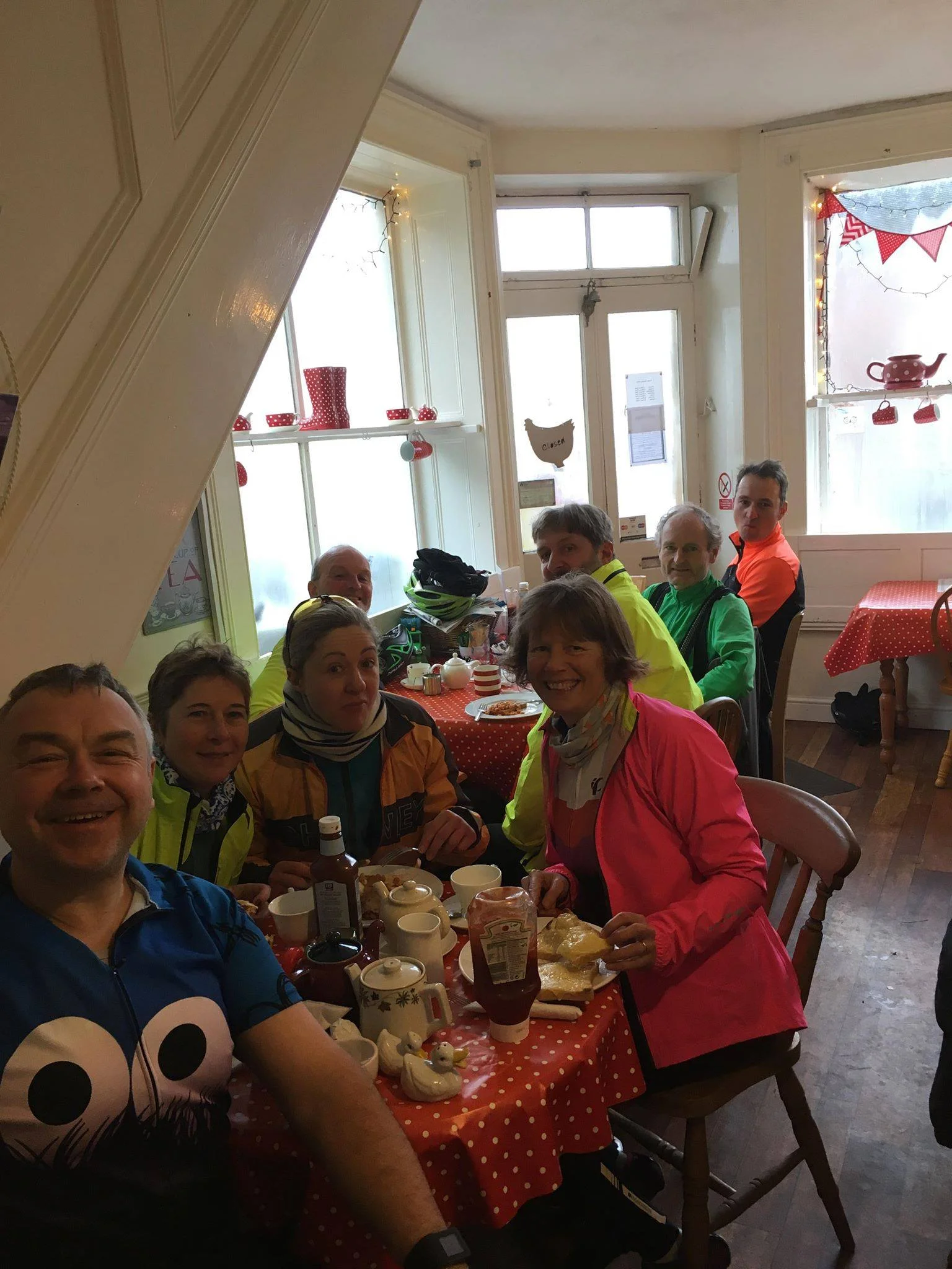 Steamy windows in Cobbles Cafe, Longnor. Best Oatcakes ever. No room left for the Lark riders who stood outside!