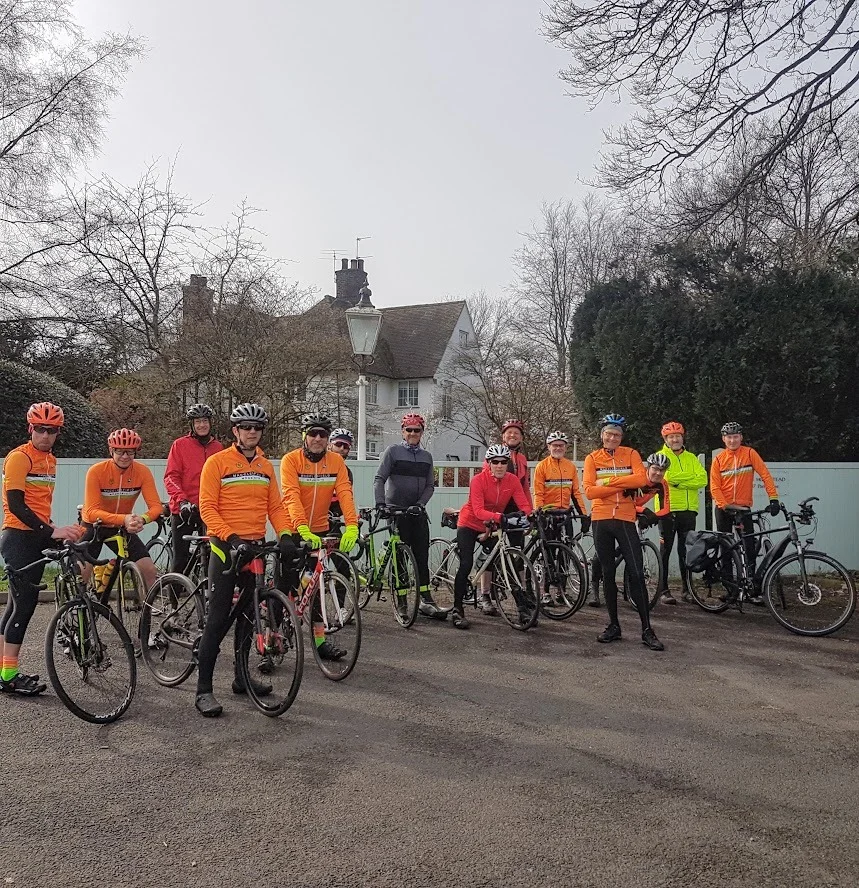 Larks and Larklings at Base Camp 10:00 hours. Christian. Mark, Steve, Russell, Pete, Elliot, new member Craig (welcome Craig, great ride), Kevin, Phil, Greg, Chris, Rob, Simon, Ian.