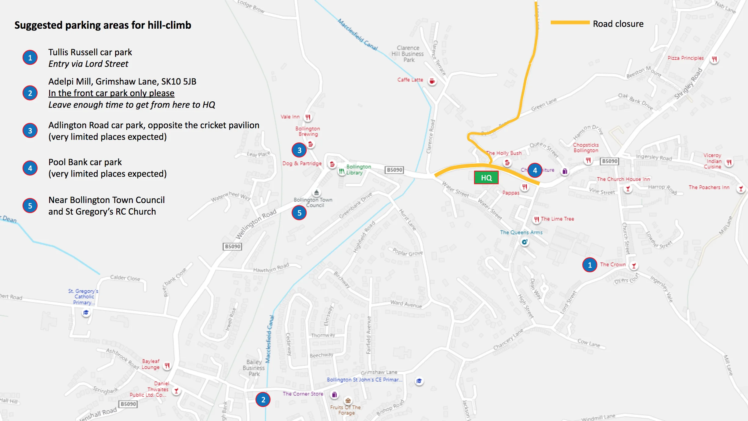 Map of road closures and parking areas. Click to enlarge.