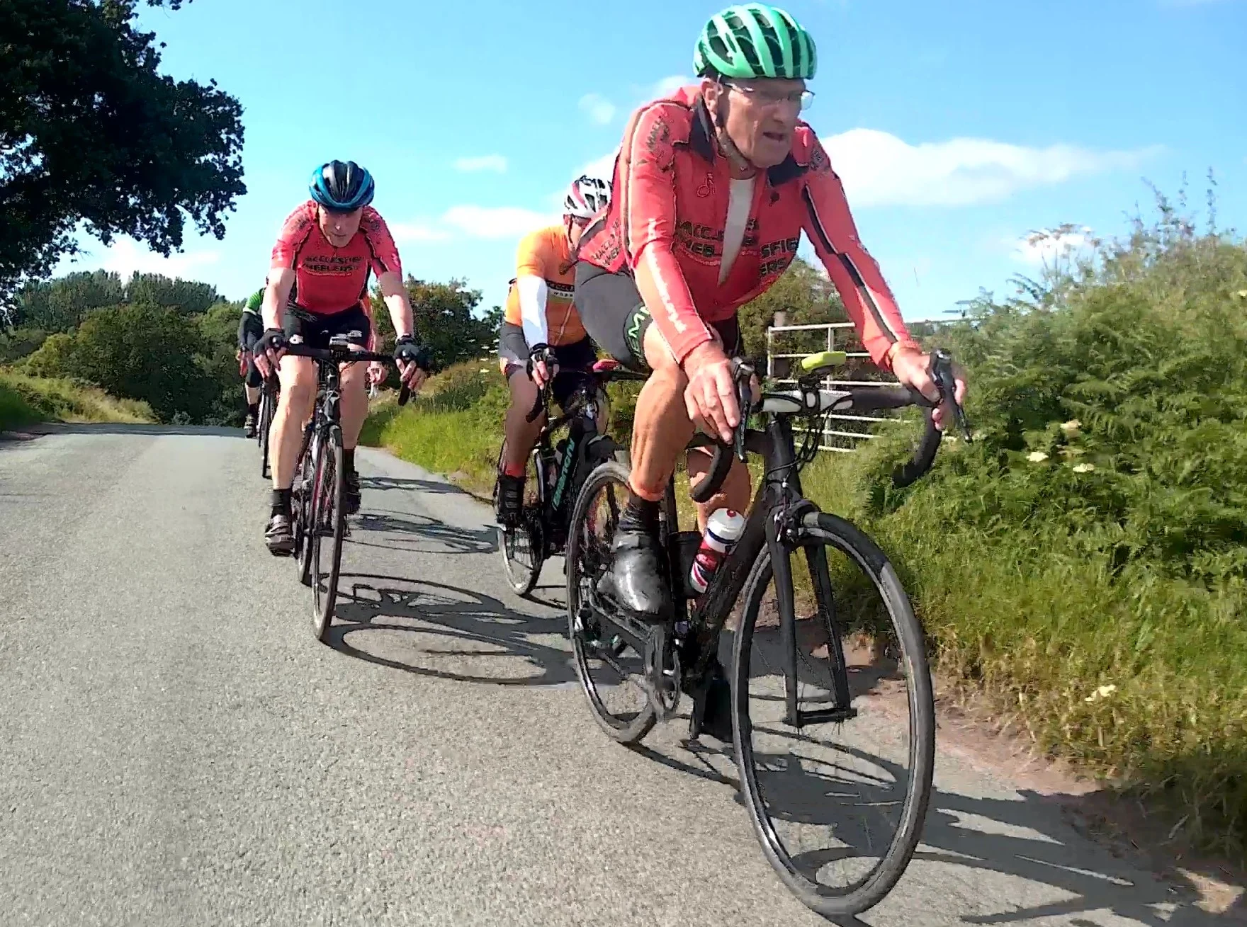 Pete’s E bike just about had enough Watts to sit on Roger’s wheel