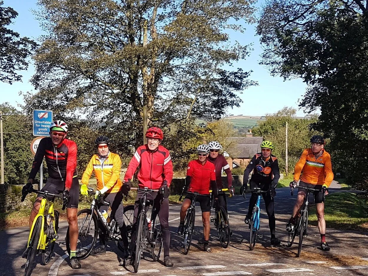 Summit of Bearda Hill, mile 8. Mike H, Pete, Raph, Moray, Mike R, Eddie, Steve. Oliver rode out with us to mile 5.