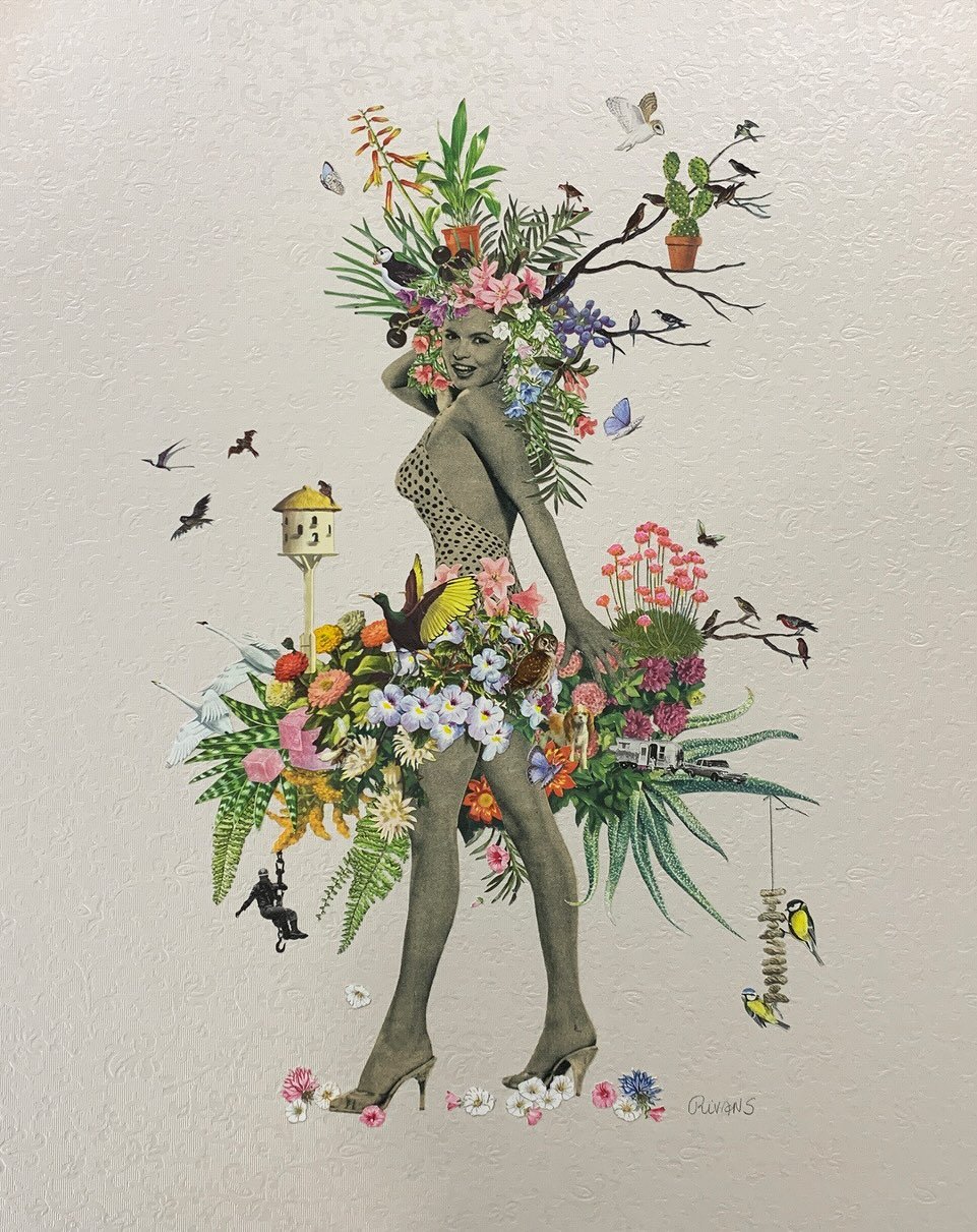 Maria Rivans is a contemporary British artist known for her bold, scrapbook-style collages where Surrealism meets Pop Art. Using vintage ephemera, she creates vivid, dreamlike worlds inspired by film, music, fashion, and pop culture. Drawing from sou