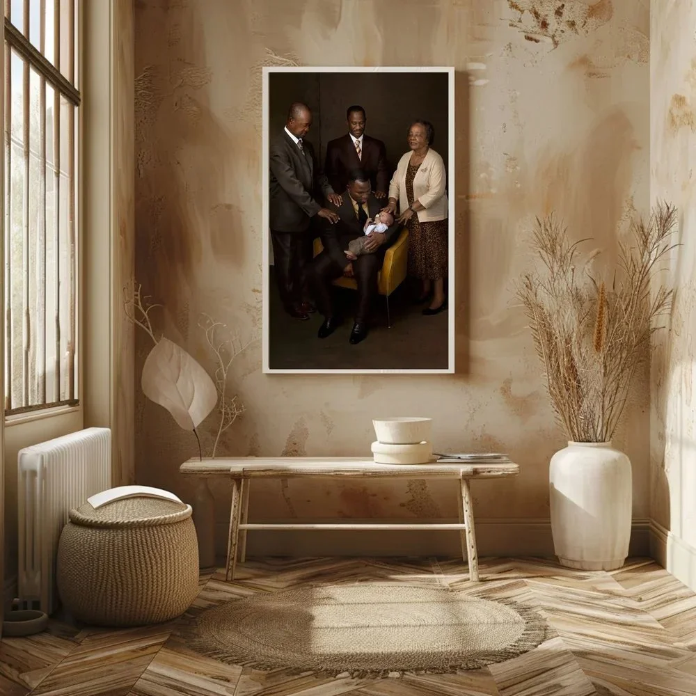 A framed family portrait on a textured beige wall showing five people, four standing and one sitting, holding a baby, in a room with a window, a white leave-shaped decoration, a woven basket, a white vase with dried plants, and a wooden table with bo