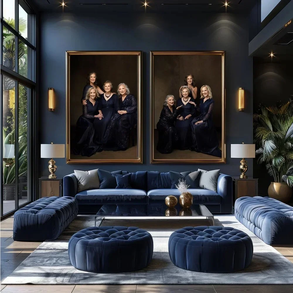 Living room with dark blue walls, gold-framed portraits of women in black dresses, blue velvet sofa, matching ottomans, gold vases, and large windows with plants outside.