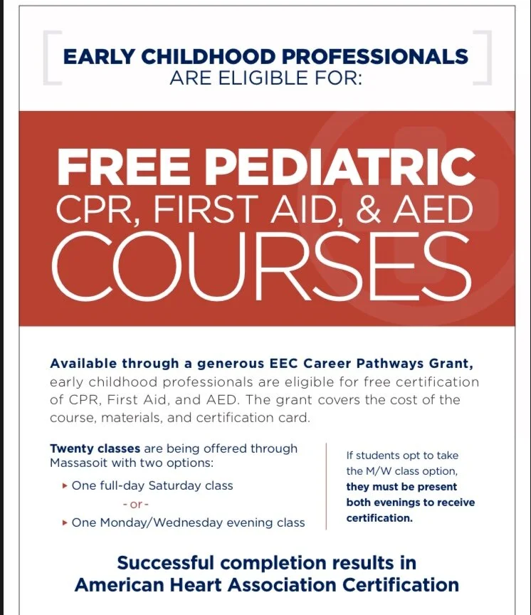 Upcoming Free Pediatric First Aid, CPR, and AED Courses for Early Educators</strong>