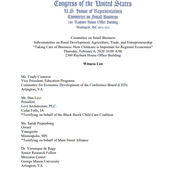 Watch: House Committee Hearing “Taking Care of Business: How Childcare is Important for Regional Economies.”