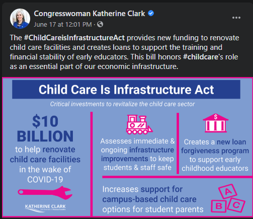 Massachusetts Congresswomen Katherine Clark Introduces Child Care Is Infrastructure Act