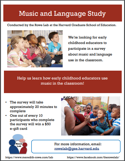 The The Rowe Lab at the Harvard Graduate School of Education is Conducting A Language and Music Study 