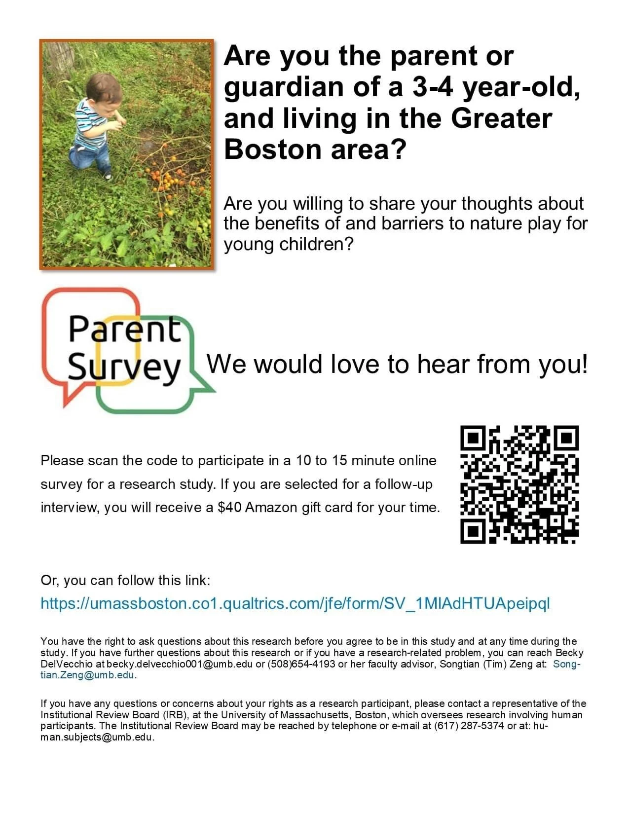 Parents of 3 and 4 year old Children In The Boston Area Needed For Survey About Benefits and Barriers to Nature Play For Young Children