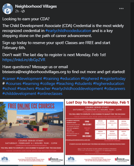 Neighborhood Villages &amp; Bunker Hill Community College are offering free ECE Courses. 