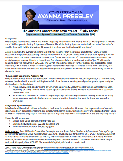 Congresswoman Ayanna Pressley (MA-07) and Senator Cory Booker (D-NJ)’s Reintroduce Baby Bonds Proposal 
